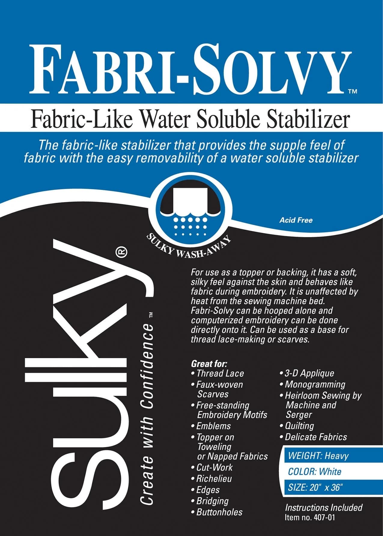 Sulky Fabri-Solvy Water-Soluble Stabilizer 50.8 cm x 0.91 m (20" x 1yd) | Dissolves Cleanly for Delicate Fabrics - main product image