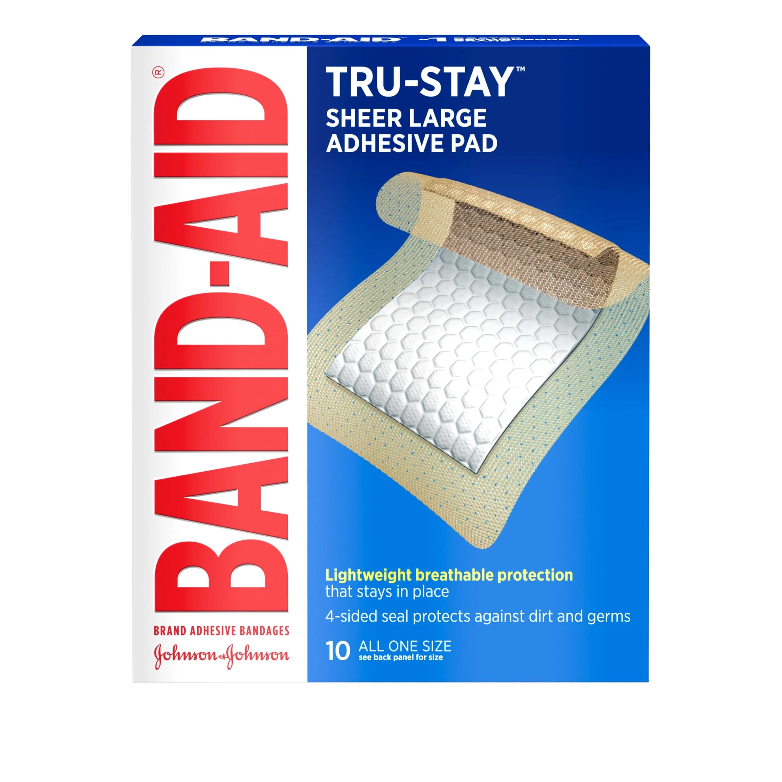 BAND-AID Brand Tru-Stay Sheer Adhesive Pads Large 10 Ct | Sterile Wound Care for Minor Cuts, Scrapes & Burns - main product image