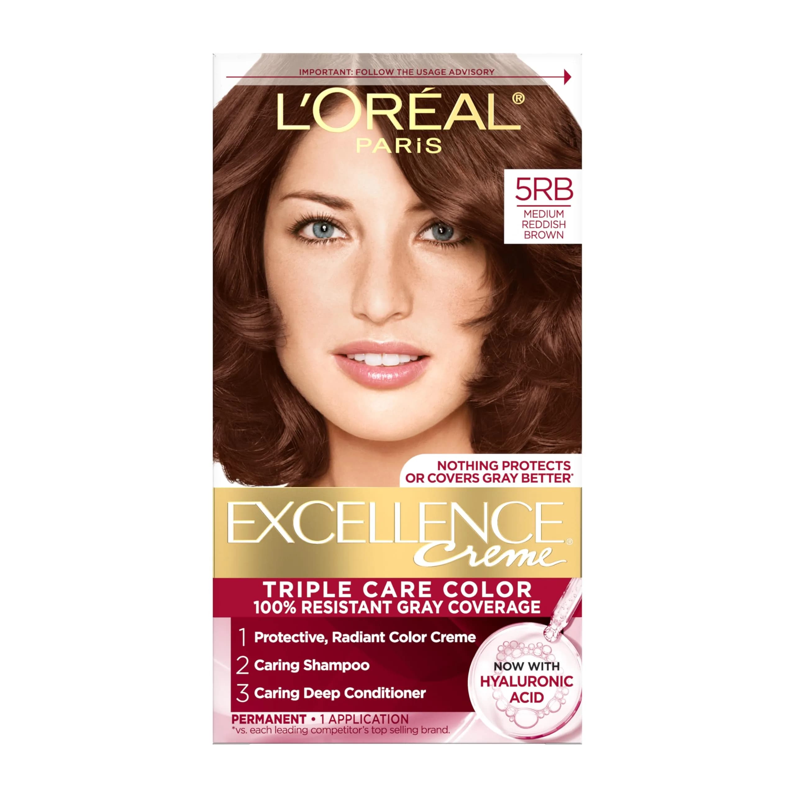 L'Oreal Paris Excellence Crème Permanent Hair Dye 5RB Medium Reddish Brown | Triple Care Color Routine with Hyaluronic Acid - main product image
