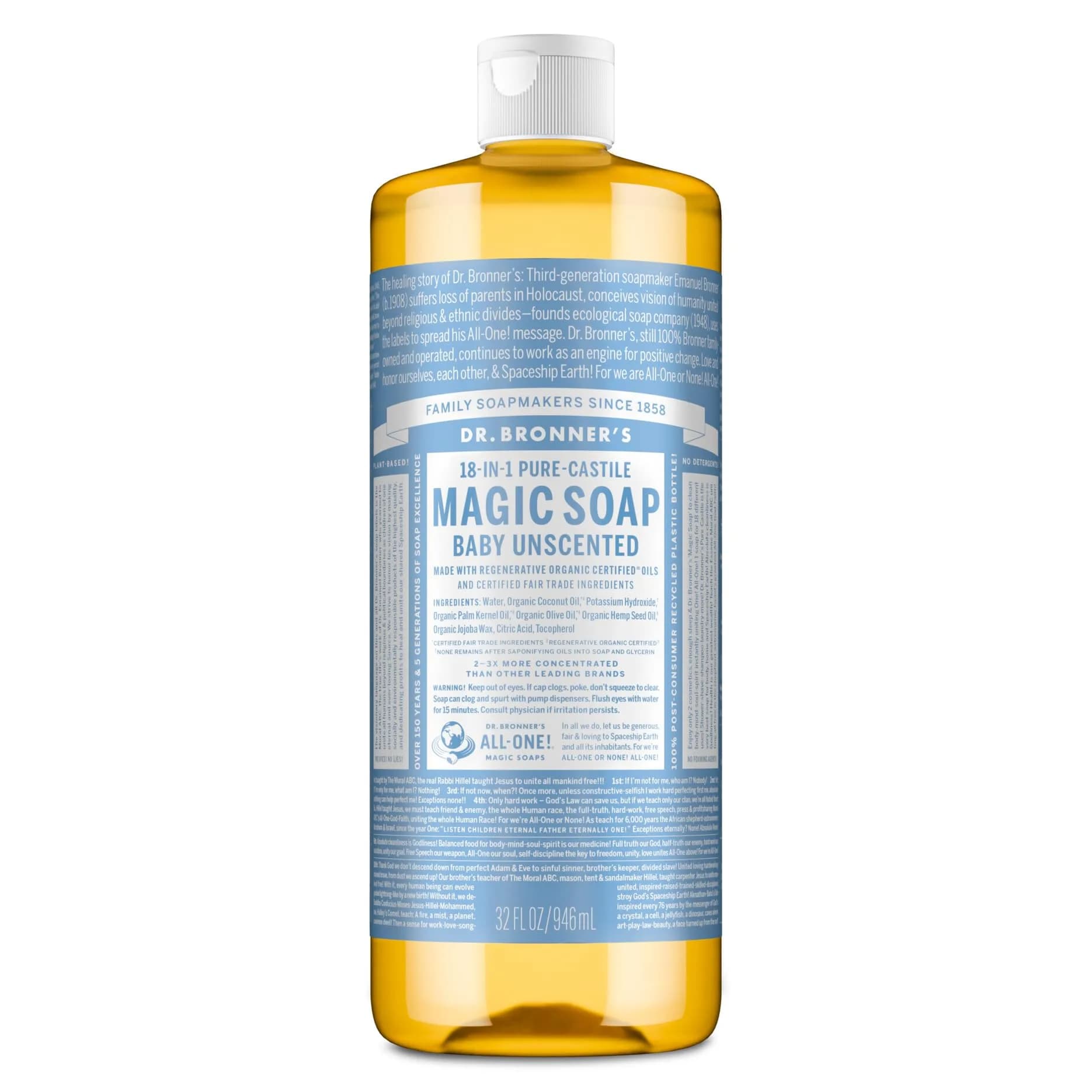 Dr. Bronner's Baby Unscented Pure-Castile Liquid Soap 946ml (32 Fl Oz) | Made with Regenerative Organic Certified Oils - main product image