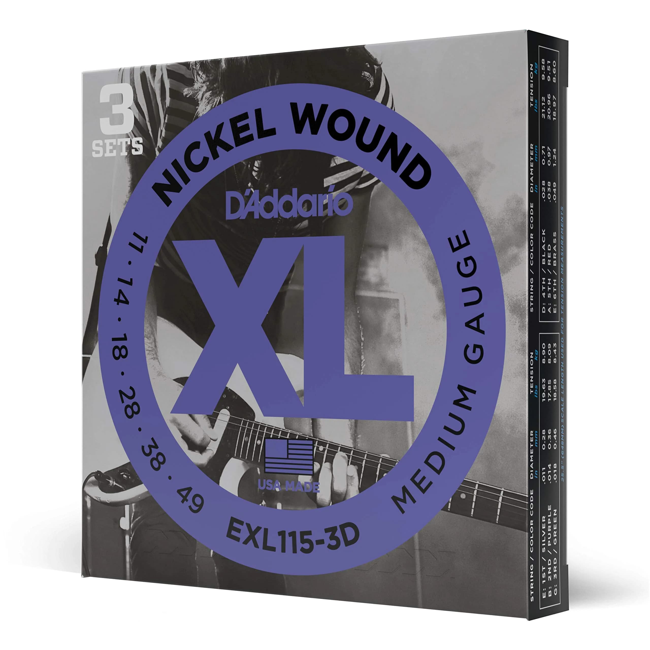 D'Addario XL Nickel EXL115-3D Electric Guitar Strings, 11-49, 3 Sets | Bright Tone & Perfect Intonation - main product image