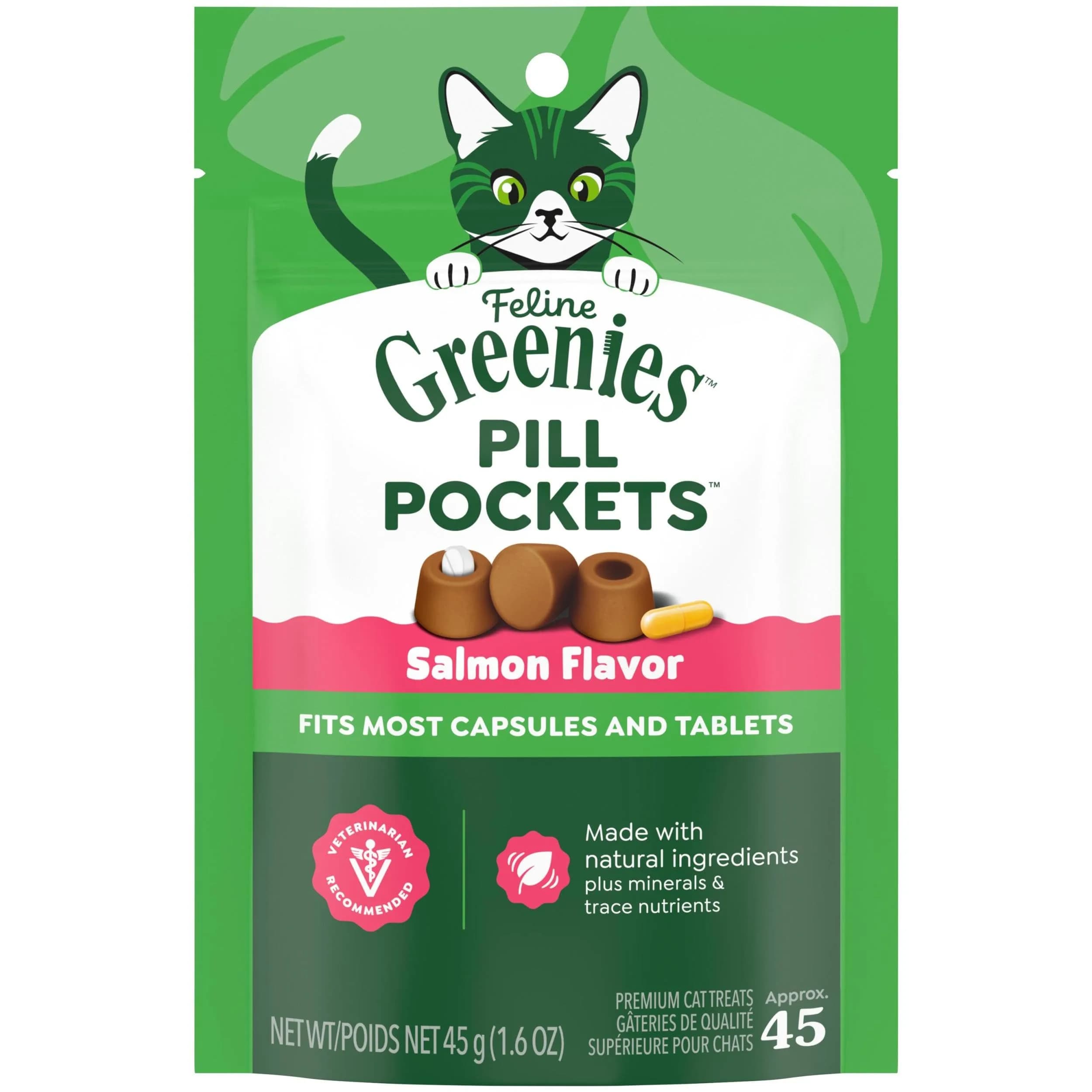 Greenies Feline Pill Pockets Salmon Flavor Cat Treats 1.6 oz (45 Count) | Vet-Recommended Pill Hiding - main product image