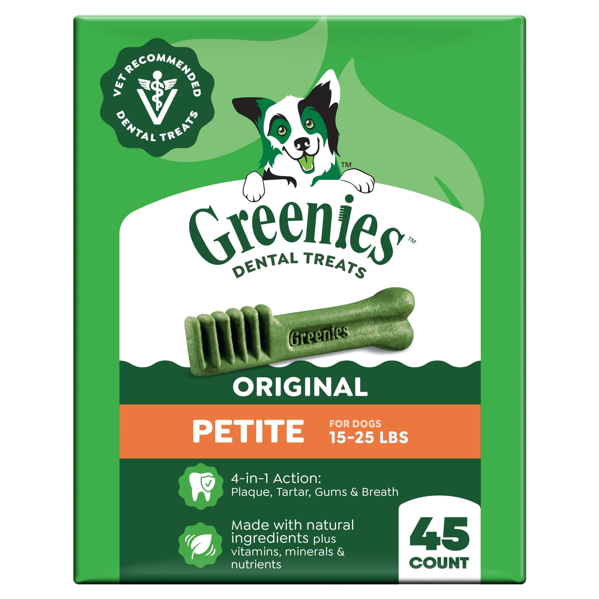 Greenies Petite Natural Dental Dog Treats, Original Flavor, 45 Count | Supports Plaque, Tartar & Breath