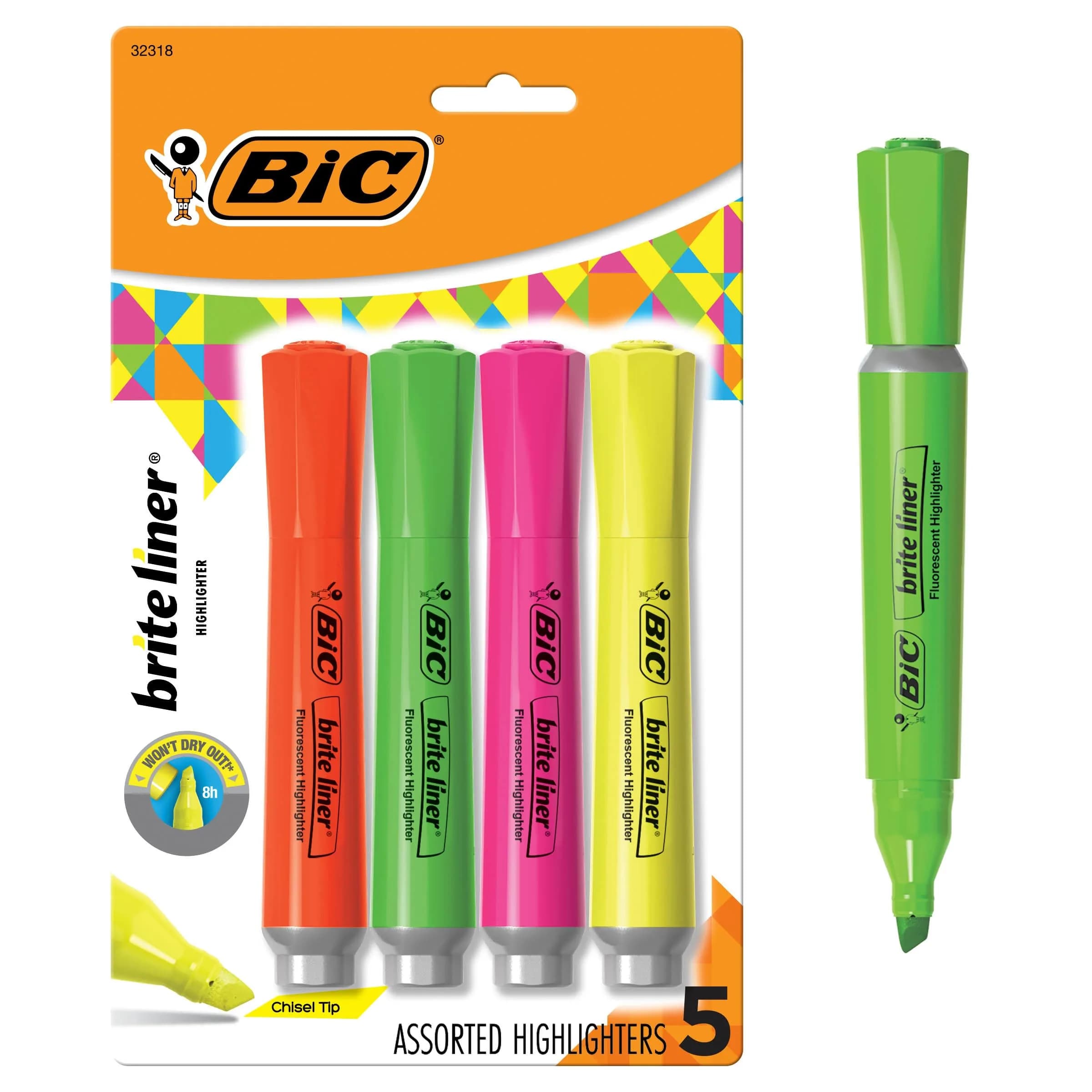 BIC Brite Liner Grip XL Highlighters, Chisel Tip, 4-Count Pack of Assorted Colors | Organizing & Coloring Set - main product image