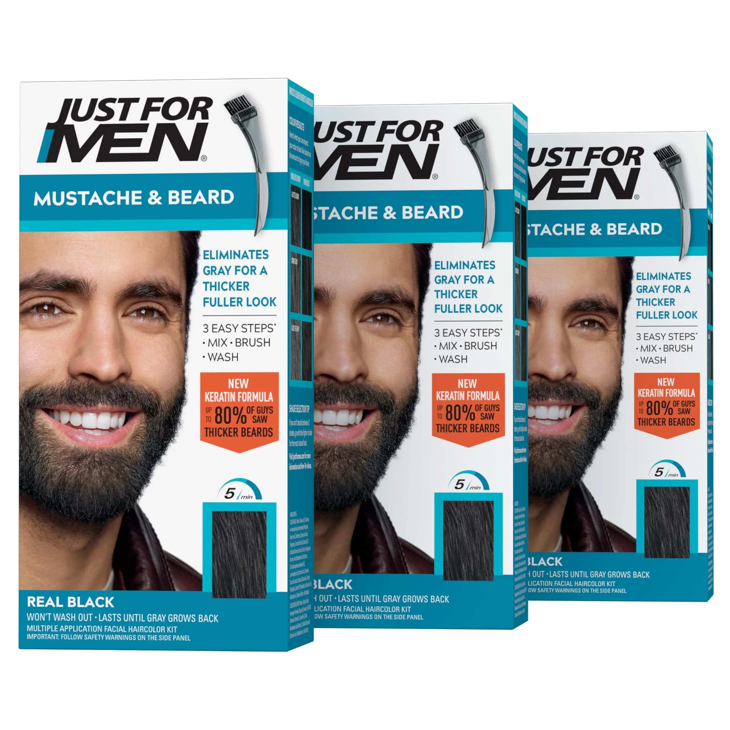 Just For Men Mustache & Beard Real Black M-55 (3-Pack) | Ammonia-Free Facial Hair Color - main product image