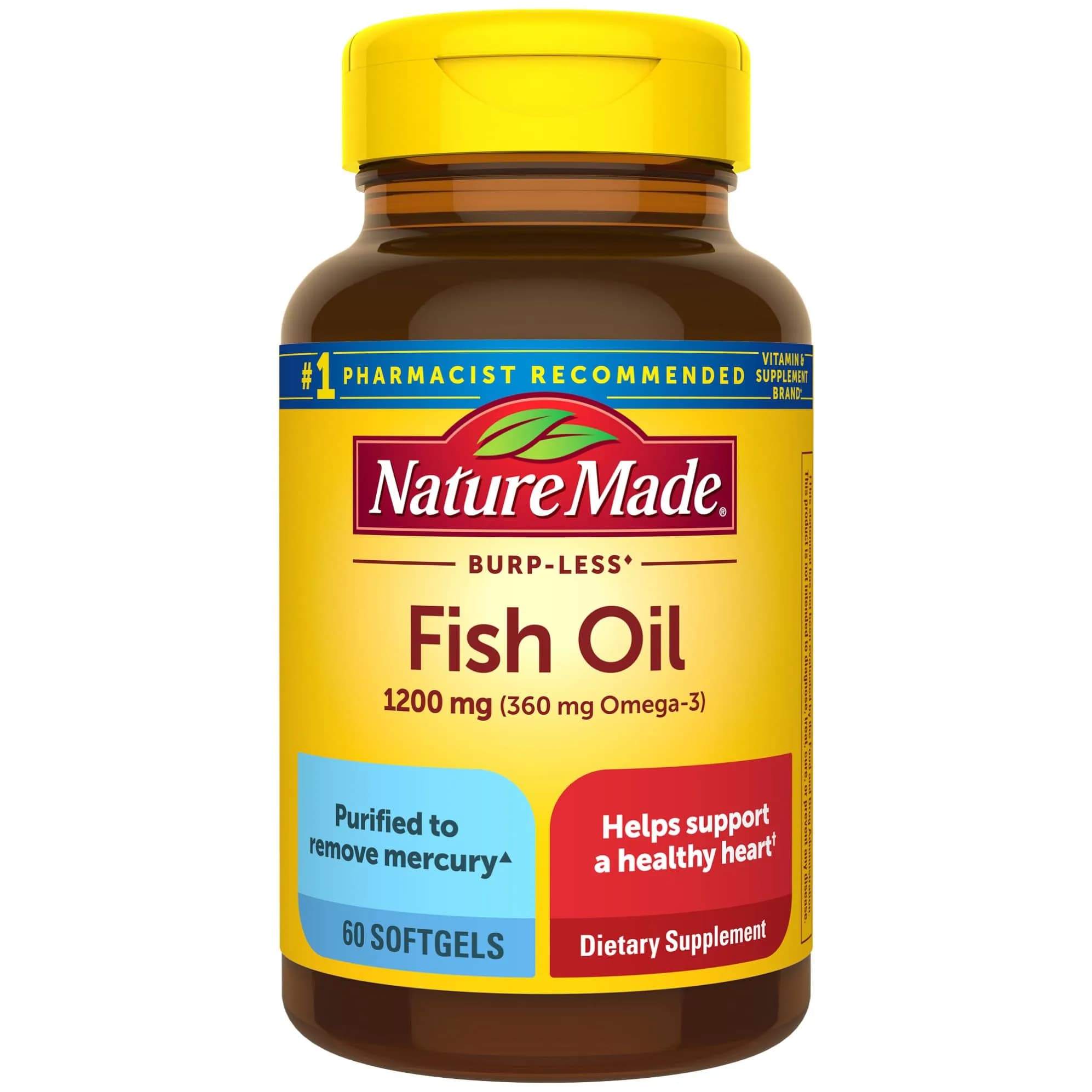 Nature Made Burp Less Fish Oil Omega 3 Supplements 1200 mg Softgels, 60 Count | Heart Health Support with EPA DHA - main product image
