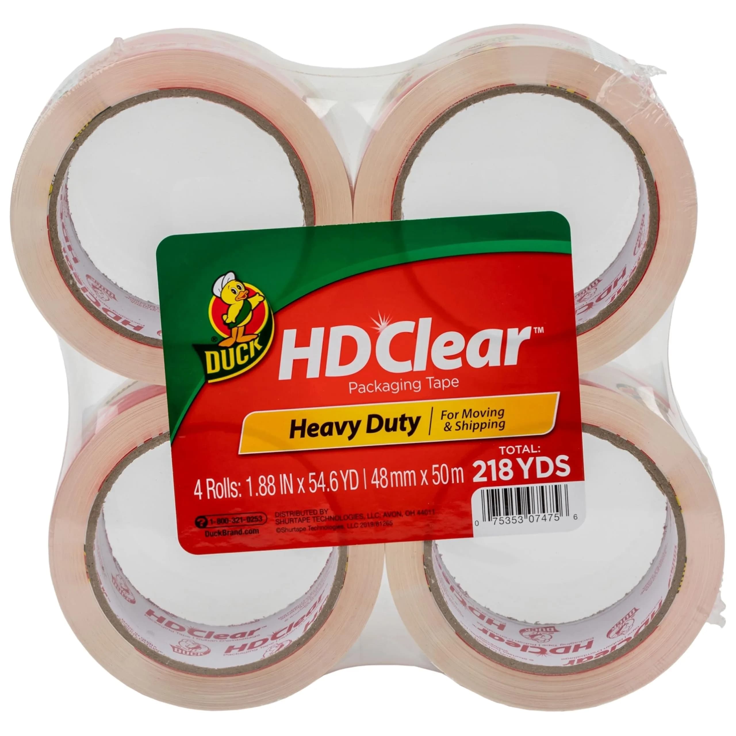 Duck HD Clear Packing Tape Refills - 4 Rolls, 1.88 In. x 54.6 Yards Each | Heavy Duty Shipping & Moving Tape
