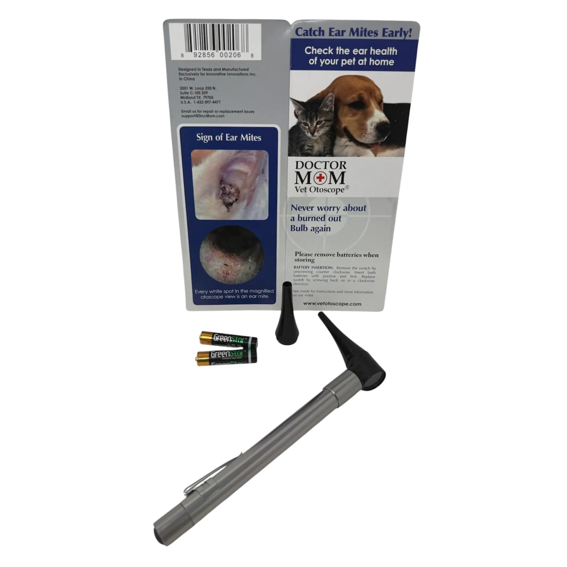 Dr Mom Pocket Veterinary LED Otoscope with 4X Optics | Includes 2 Reusable Specula & Ear Mite Info Sheet - main product image