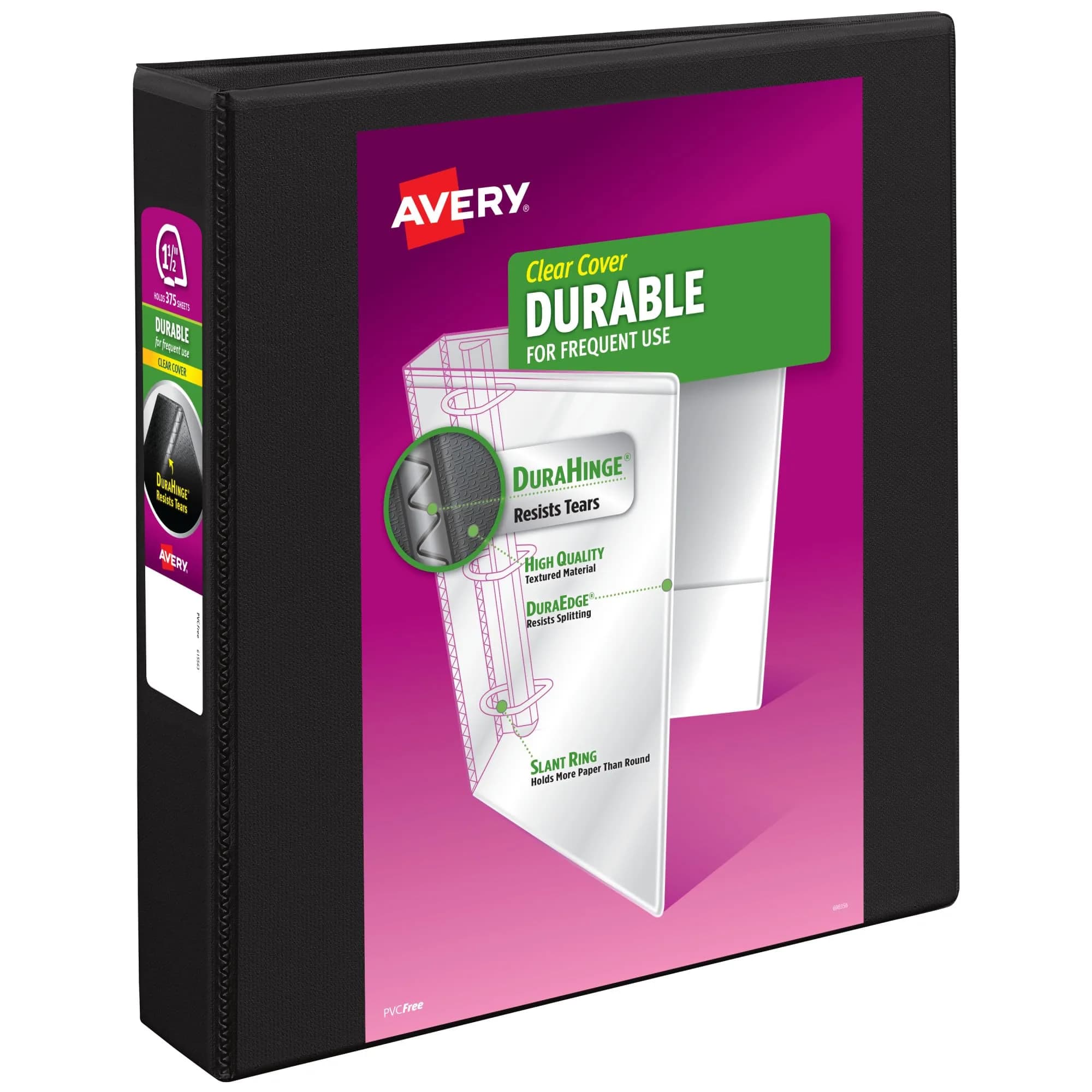 Avery Durable View 3 Ring Binder 1.5" Slant Rings Black 375 Sheets | Tear-Resistant DuraHinge Spine - main product image