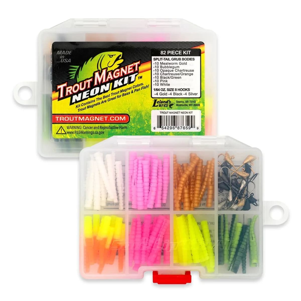 Trout Magnet 82 Piece Neon Fishing Kit with 70 Grub Bodies & 12 Size 8 Hooks | Catches All Fish Types - main product image