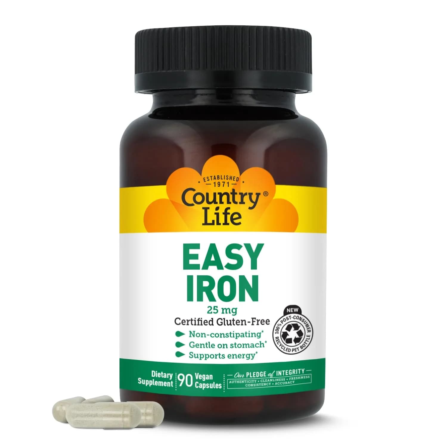 Country Life Easy Iron 25 mg with Ferrochel, 90 Capsules | Gentle, Vegan Iron Supplement for Energy & Blood Support - main product image