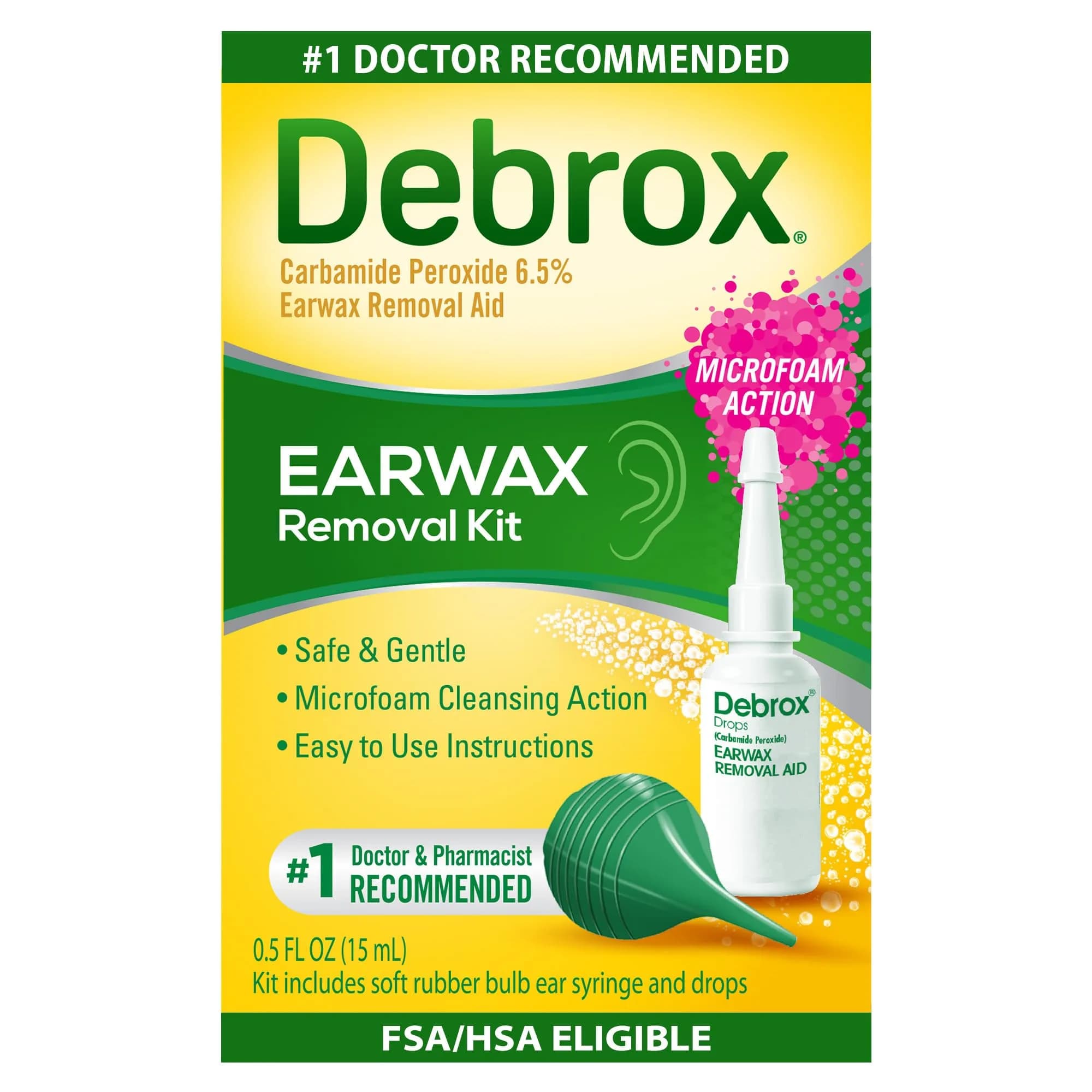 Debrox Ear Wax Removal Kit with Bulb Syringe & 0.5 Fl Oz Drops | Doctor Recommended Microfoaming Action - main product image