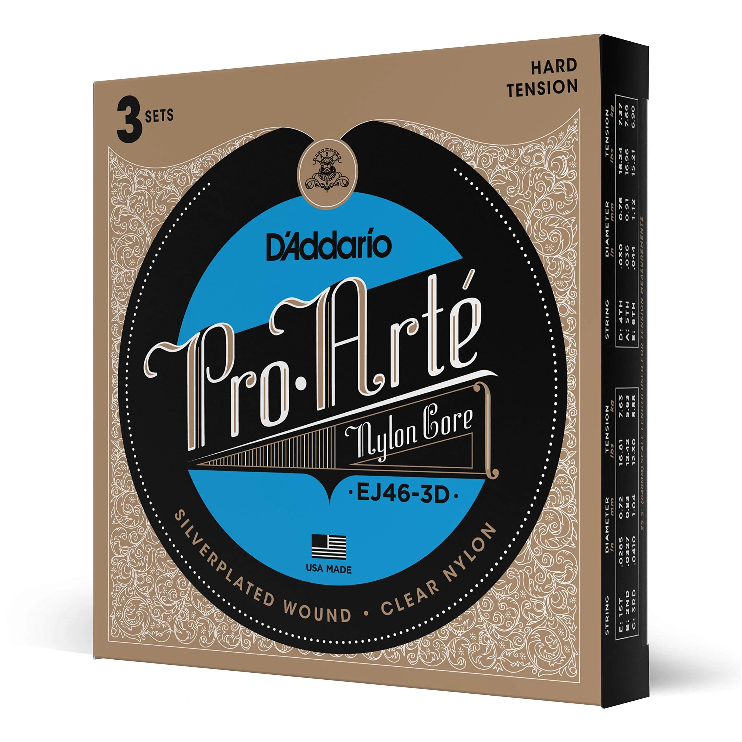 D'Addario Pro Arte Silverplated Copper Classical Guitar Strings EJ46-3D Hard Tension 3-Pack | Warm Tone, Responsive Playability - main product image