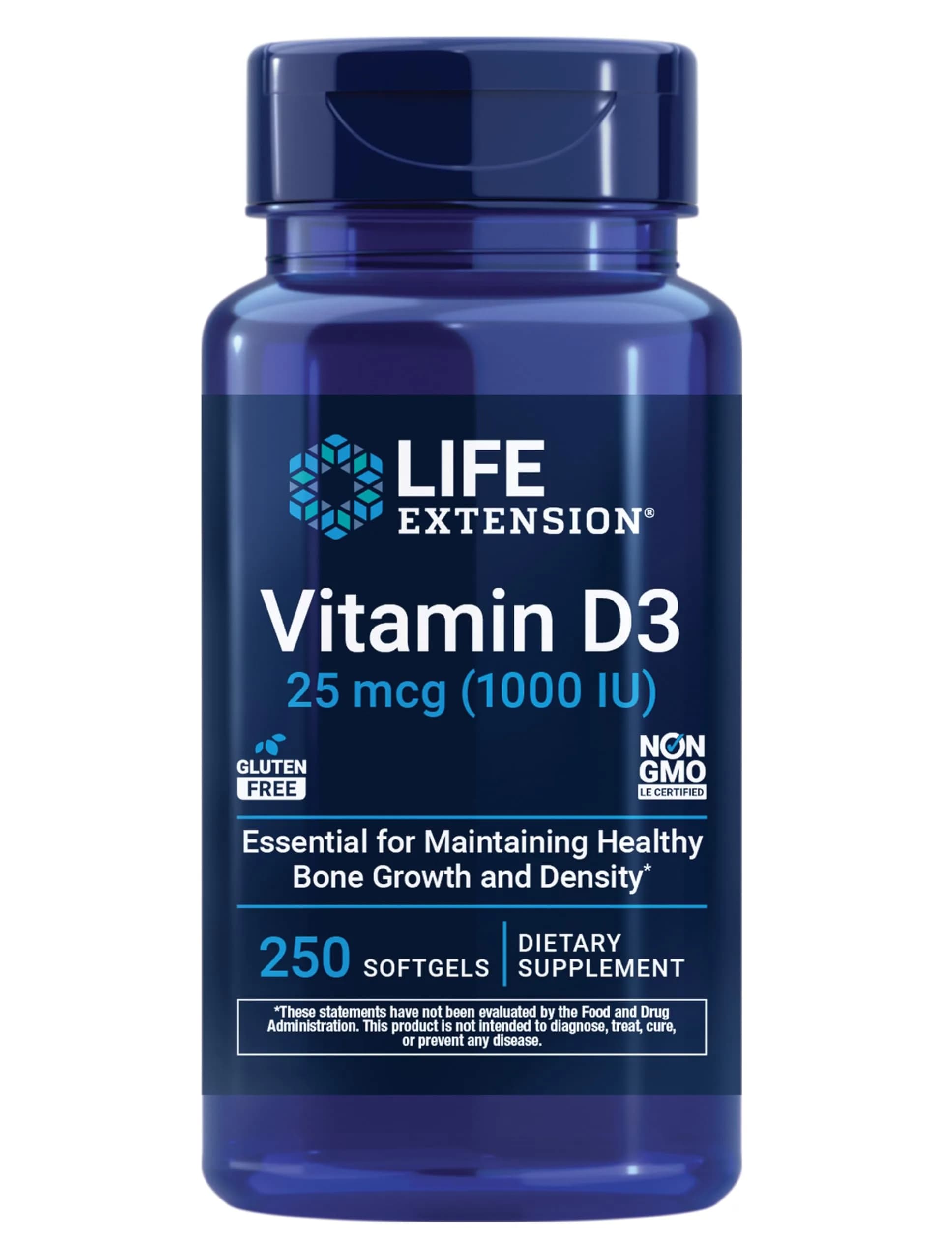 Life Extension Vitamin D3 25 mcg (1000 IU) | Supports Bone, Brain & Immunity, Non-GMO, 250 Softgels - main product image