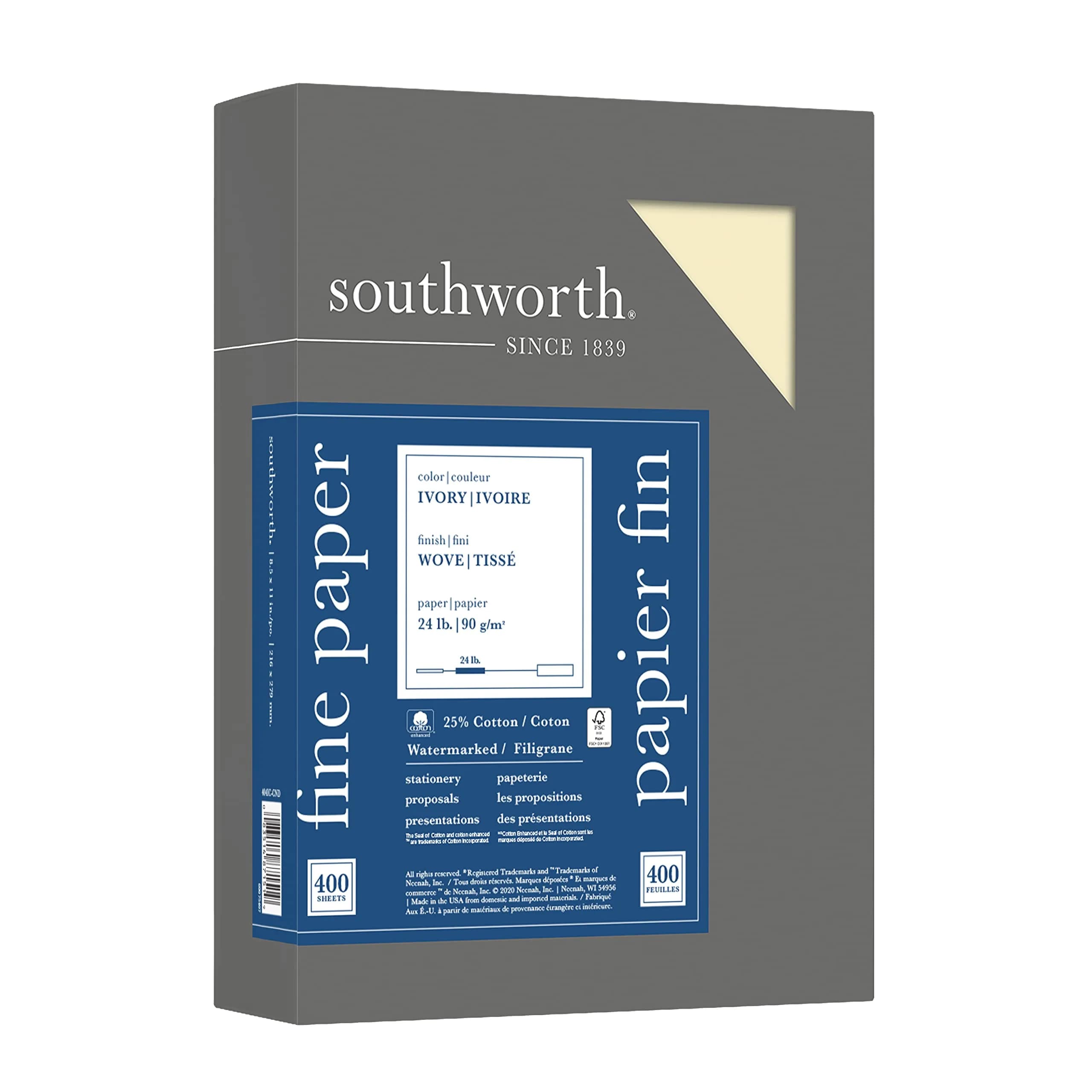 Southworth 25% Cotton Business Paper 8.5 in x 11 in | Ivory, 500 Sheets, 24 lb/90 GSM, Wove Finish - main product image