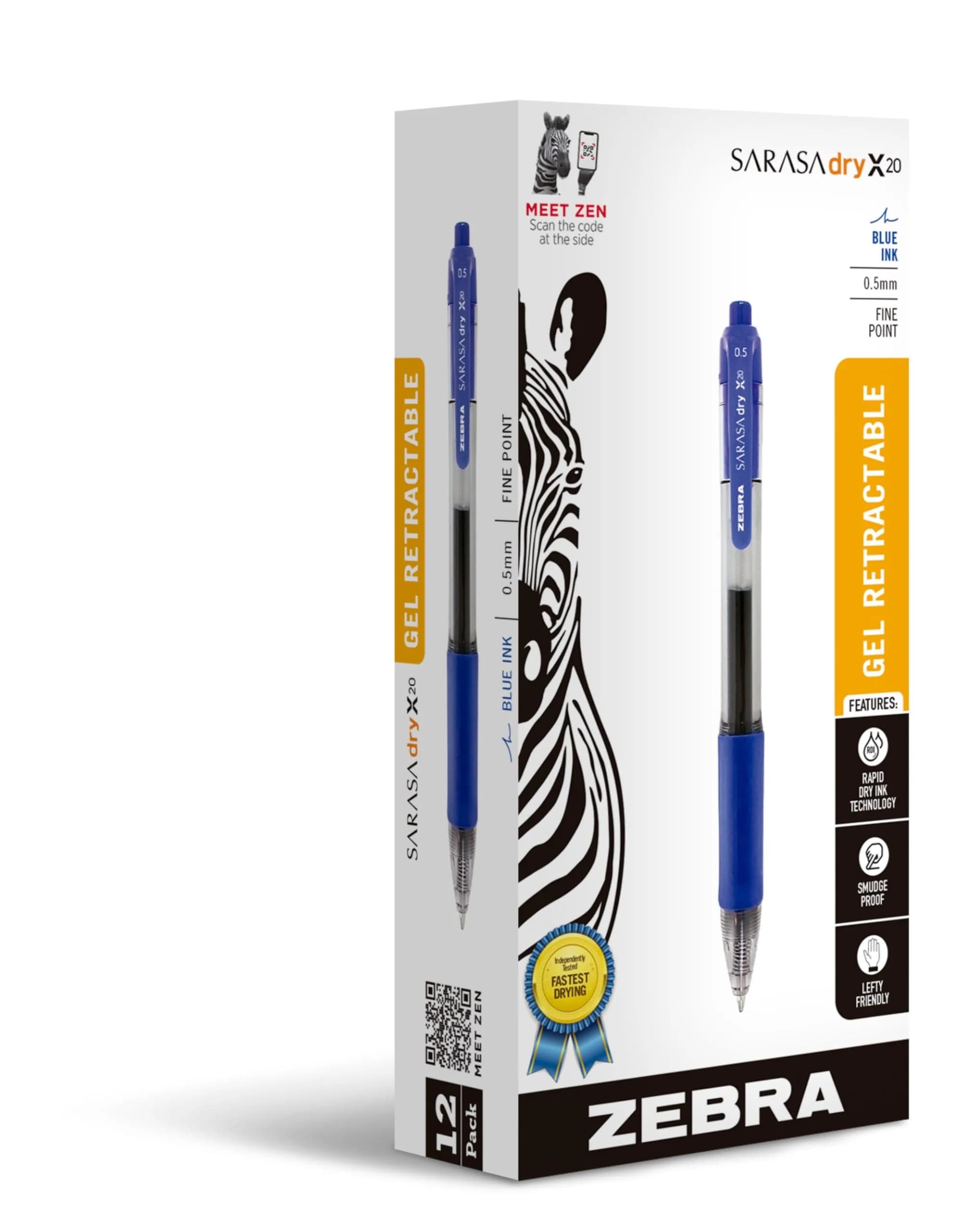 Zebra Pen SARASA Dry X20 Retractable Gel Pen, Blue Ink, 0.7mm, 12-Pack | Smooth Writing, Smudge-Resistant, Ideal for Left-Handed Writers