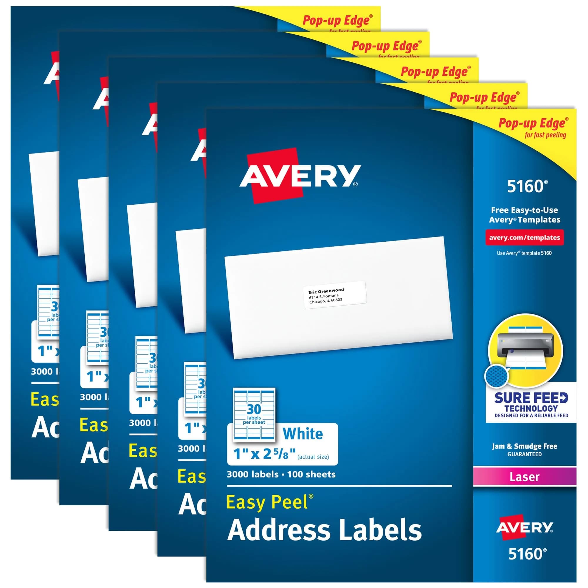 Avery 5160 Easy Peel Printable Address Labels with Sure Feed, 1" x 2-5/8", 15,000 Labels | Professional Grade Mailing Stickers - main product image