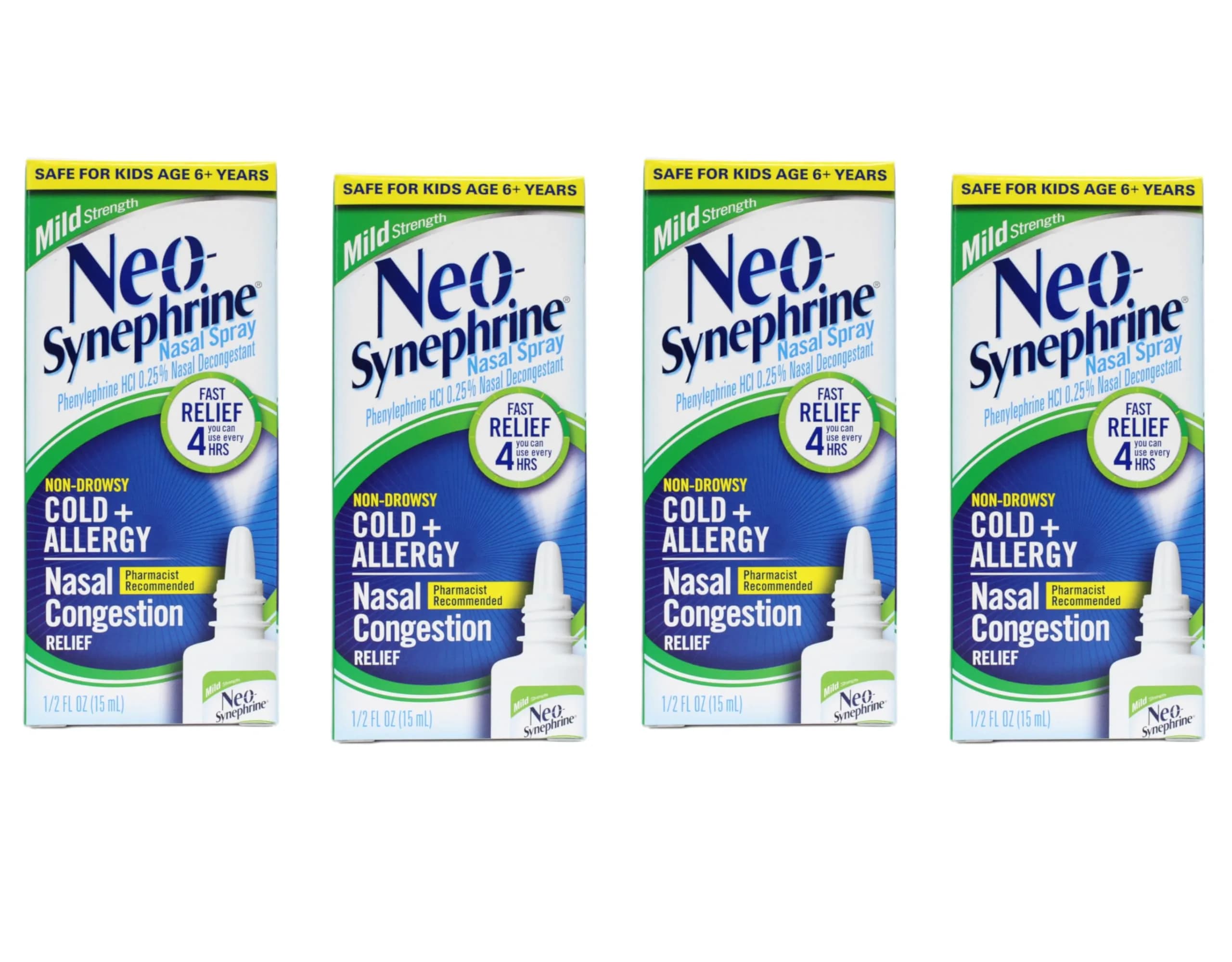Neo-Synephrine Nasal Spray 15 mL | Phenylephrine 0.25% Fast Relief for Cold & Allergy (Pack of 4)