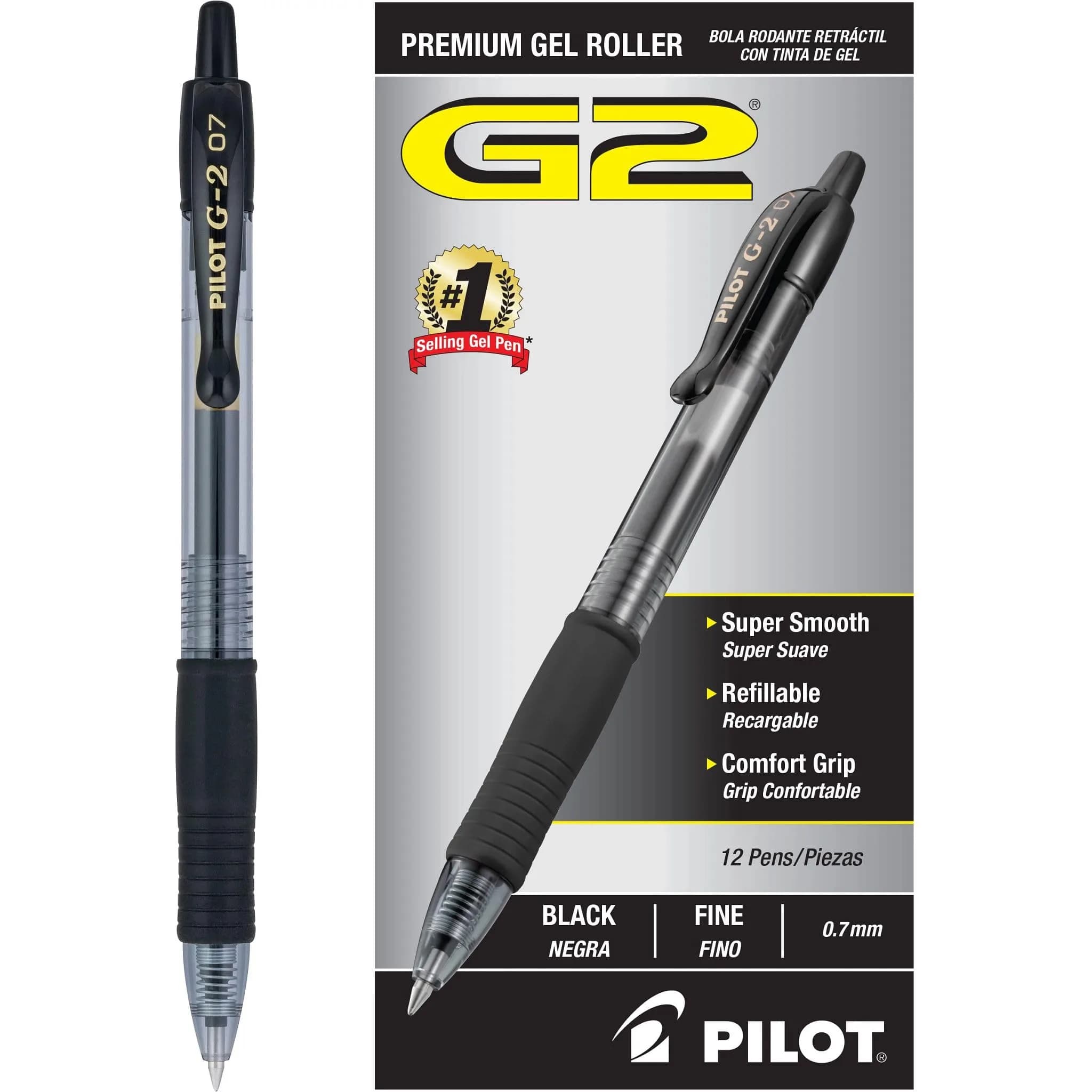 PILOT G2 Retractable Gel Pens, Fine Point 0.7mm, Black Ink, 12-Pack | Smooth Writing, Long-Lasting, Acid-Free