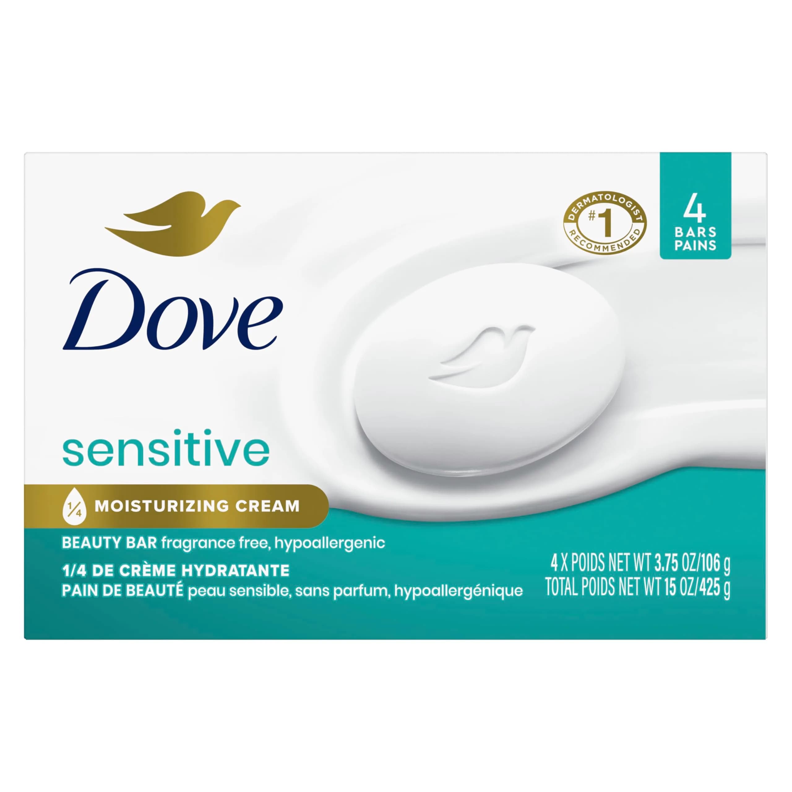 Dove Sensitive Skin Beauty Bar Soap Fragrance Free Hypoallergenic 4 Bars (3.75 oz Each) | Dermatologist Recommended Gentle Cleanser - main product image