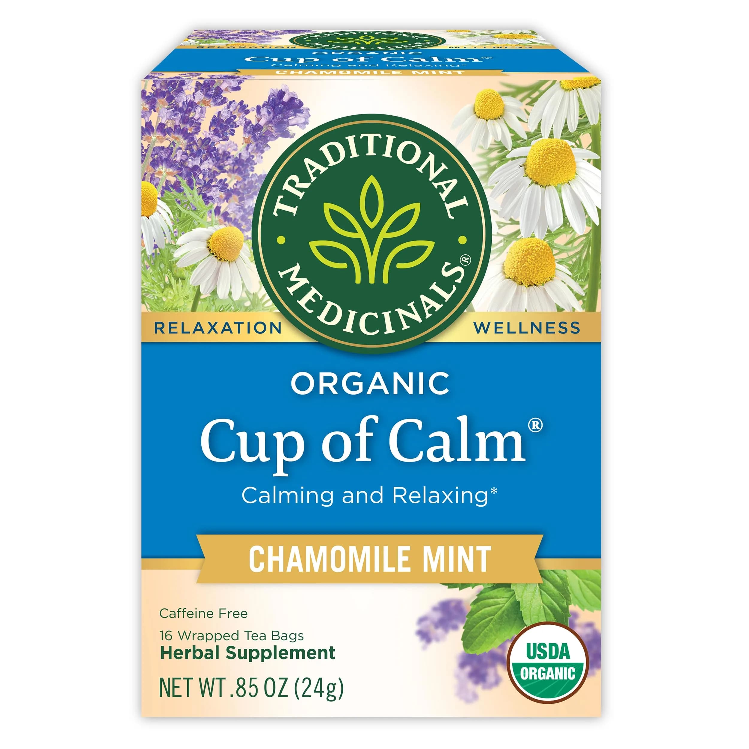 Traditional Medicinals Organic Cup of Calm Chamomile Mint Tea 16 Tea Bags | Calming & Digestive Support - main product image