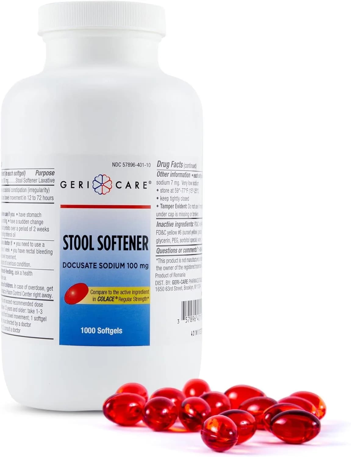 GeriCare Docusate Sodium Stool Softener 100mg | 1000 Gel Caps for Constipation Relief