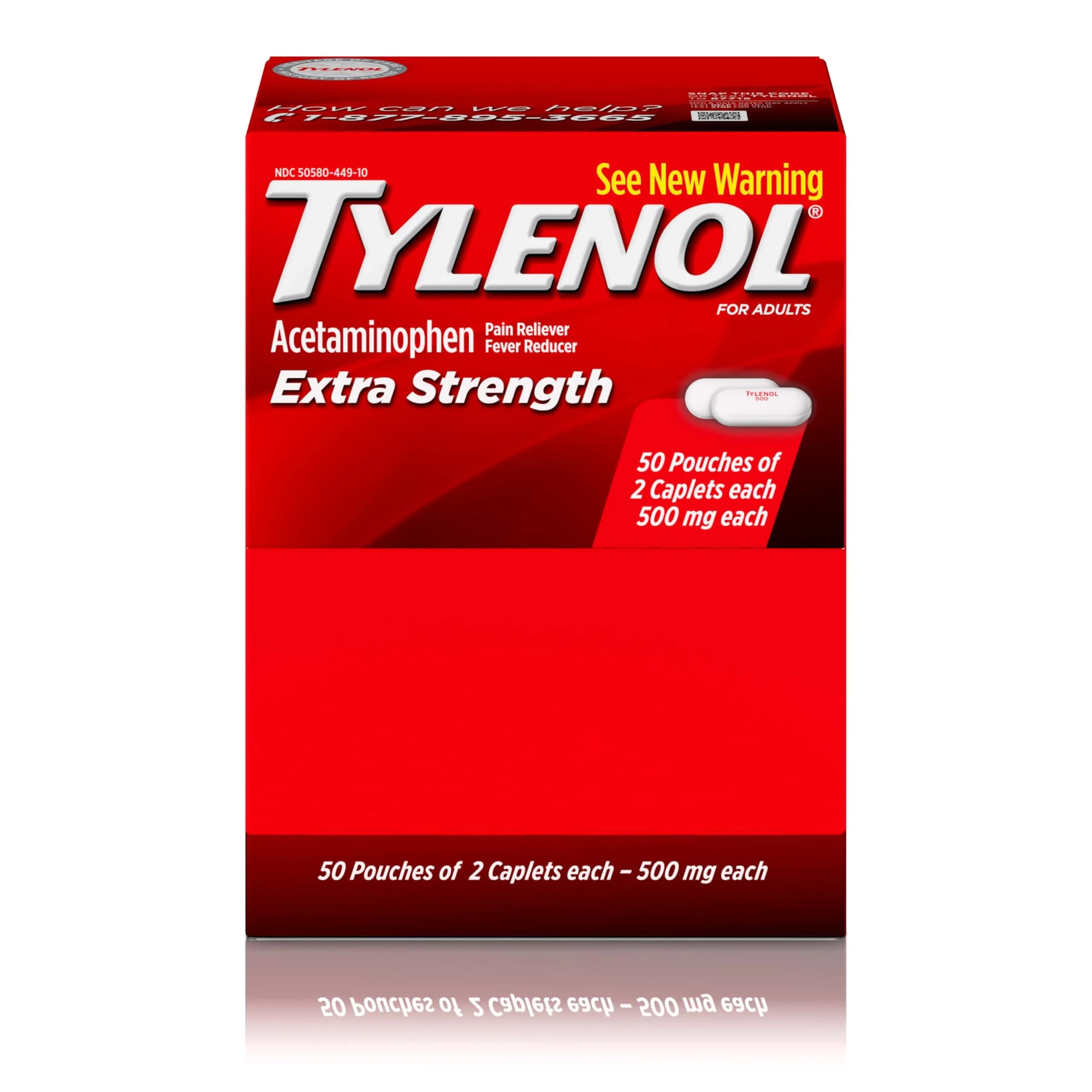 Tylenol Extra Strength Caplets 500 mg Acetaminophen 100 Count (50 x 2 ct Pouches) | Pain Relief & Fever Reduction - main product image