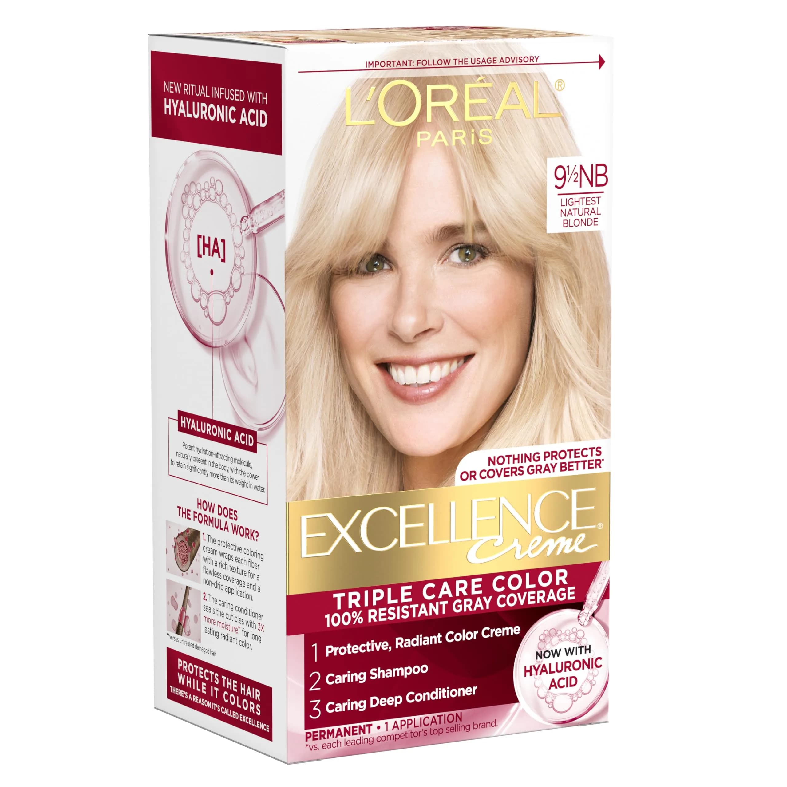 L'Oreal Paris Excellence Crème Permanent Hair Dye 9.5NB Lightest Natural Blonde | 100% Gray Coverage with Hyaluronic Acid - main product image