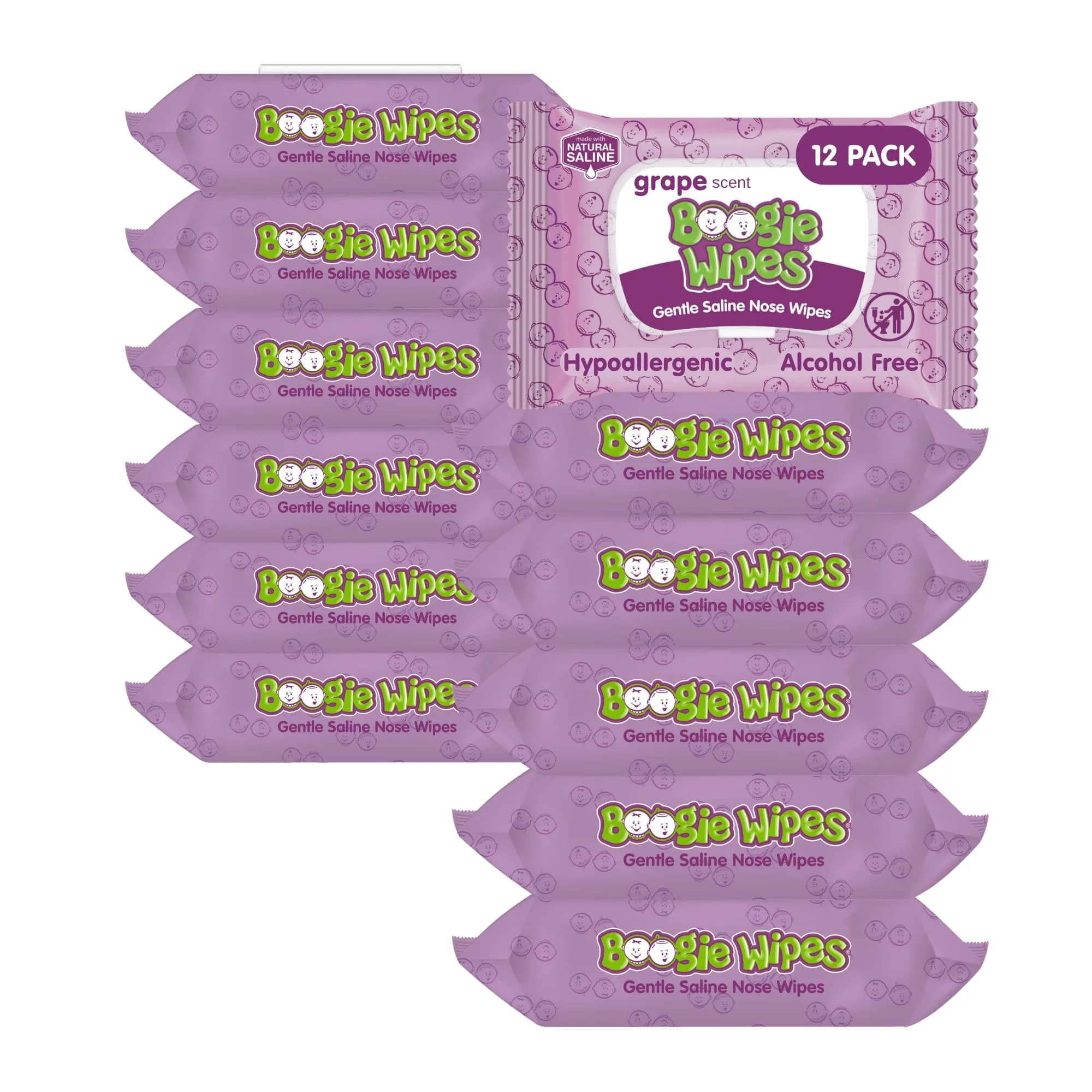 Boogie Saline Nose Wipes Grape Scent | Gentle, Natural Relief for Stuffy Noses (70-120 chars) - main product image