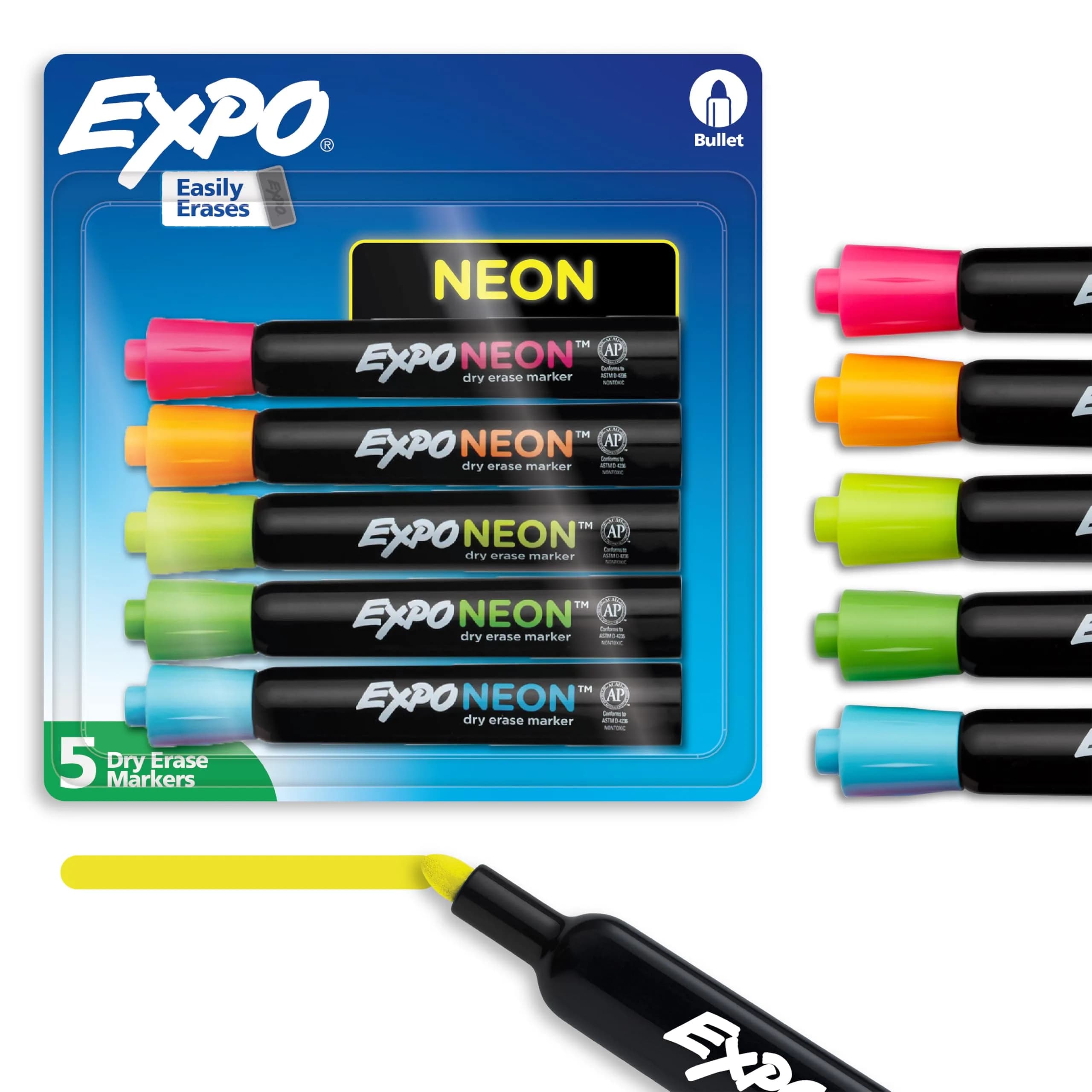 EXPO Neon Dry Erase Markers, Assorted Colors, Bullet Tip, 5 Count | Vibrant Ink for Whiteboards, Glass, Acrylic - main product image