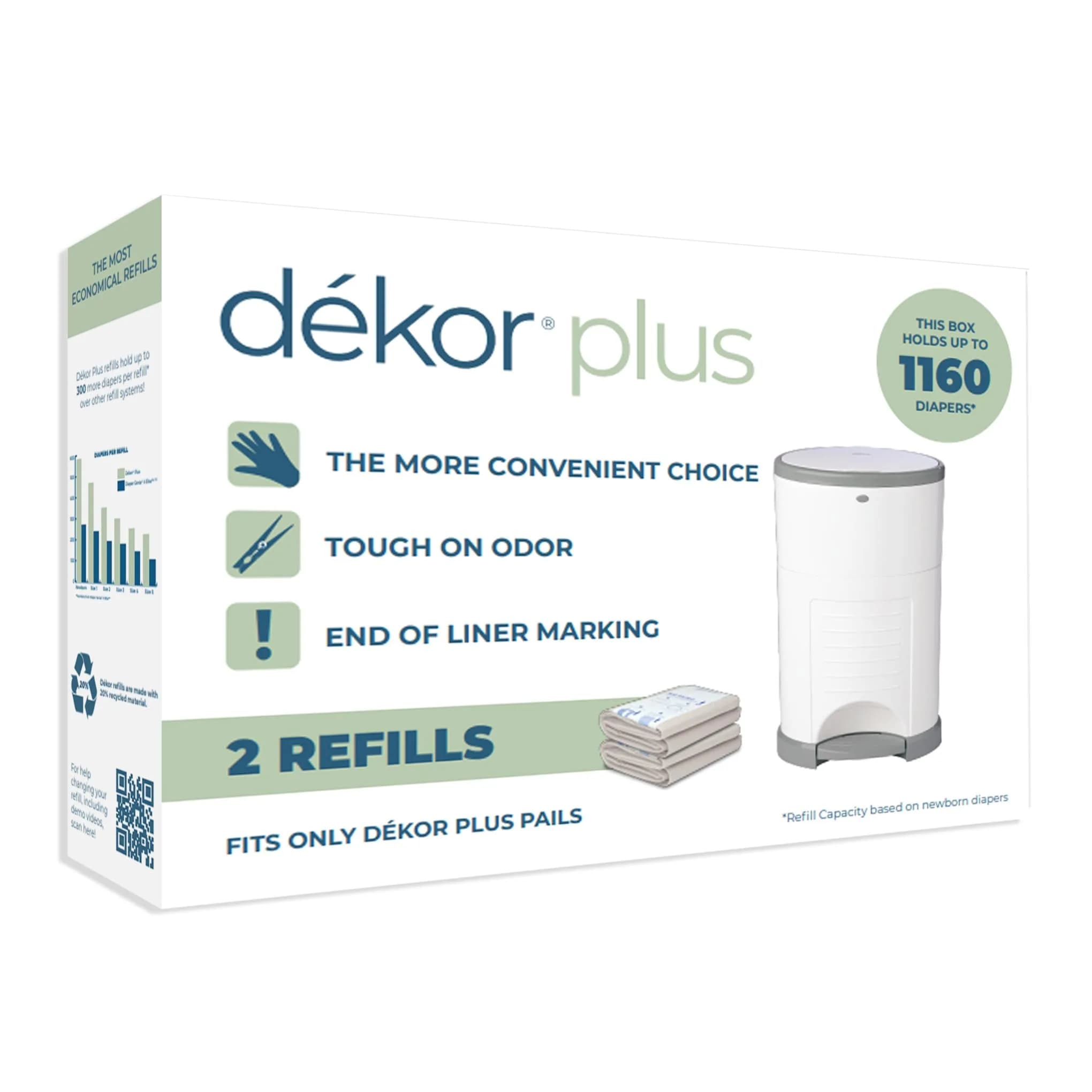 Diaper Dekor Plus Diaper Pail Refills | 2 Count | Most Economical Refill System | Quick & Easy to Replace | No Preset Bag Size Use Only What You Need