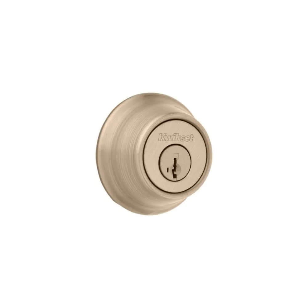 Kwikset Deadbolt Lock Antique Brass Round Exterior Keyed | Pick-Resistant SmartKey Security - main product image