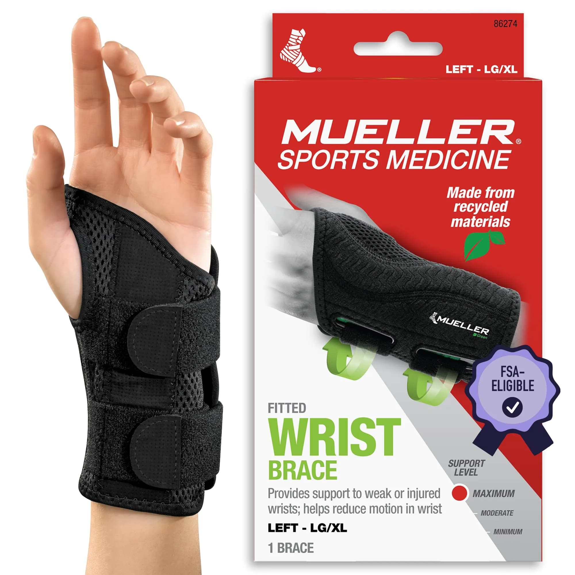 Mueller Green Fitted Wrist Brace, Left, LG/XL | Adjustable Support for Carpal Tunnel & Wrist Pain