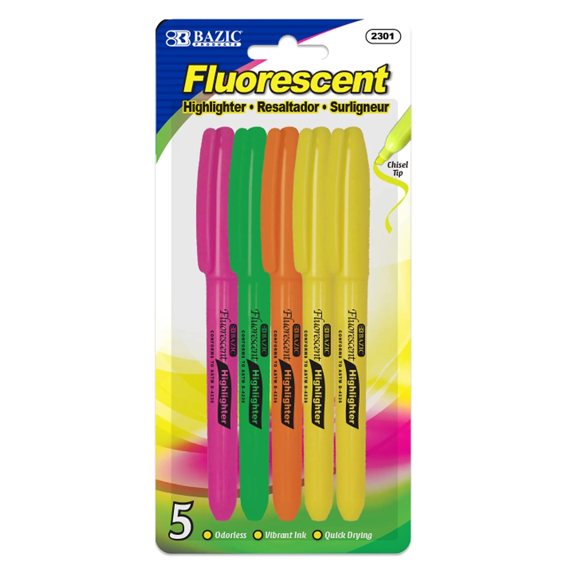 BAZIC Neon Highlighter Assorted Color Pen Style, Chisel Tip | Broad & Fine Line, Unscented, 5-Count