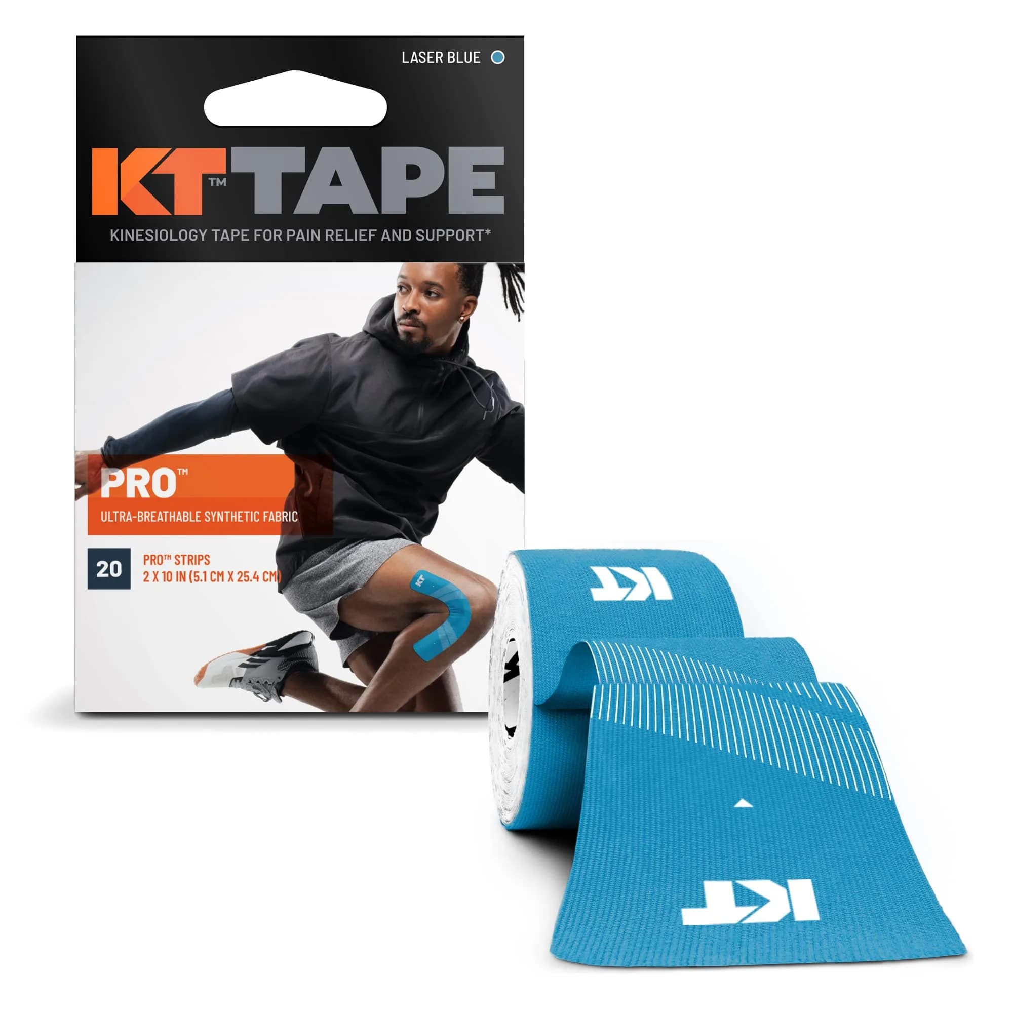 KT Tape Pro Synthetic Kinesiology Athletic Tape 20 Precut Strips (10" x 2") Laser Blue | Strong Support for Muscles & Joints - main product image