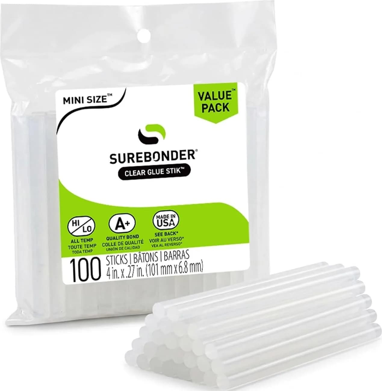 Surebonder Mini Hot Glue Sticks 4 in. Length, 0.27 in. Diameter, 100-Pack | All-Purpose, All-Temp. Crafting - main product image