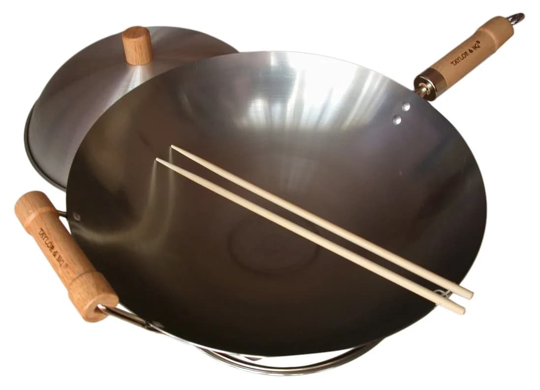 Taylor & Ng Classic Wok Set 14" Carbon Steel | Round Bottom, No Coatings, Durable, Gas/Electric Compatible