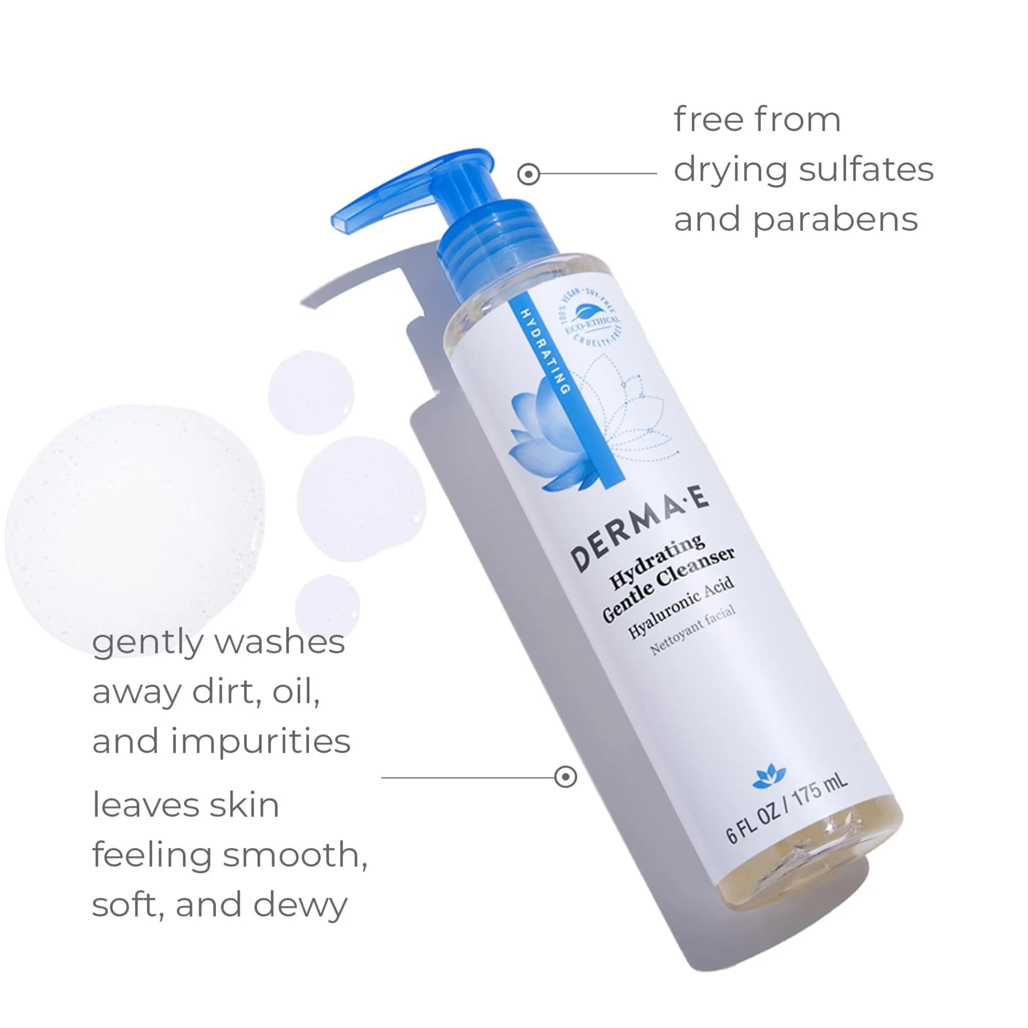 Derma E Hydrating Gentle Facial Cleanser 177ml (6 Fl Oz) | Hyaluronic Acid & Vitamin E for Soft, Smooth Skin - main product image