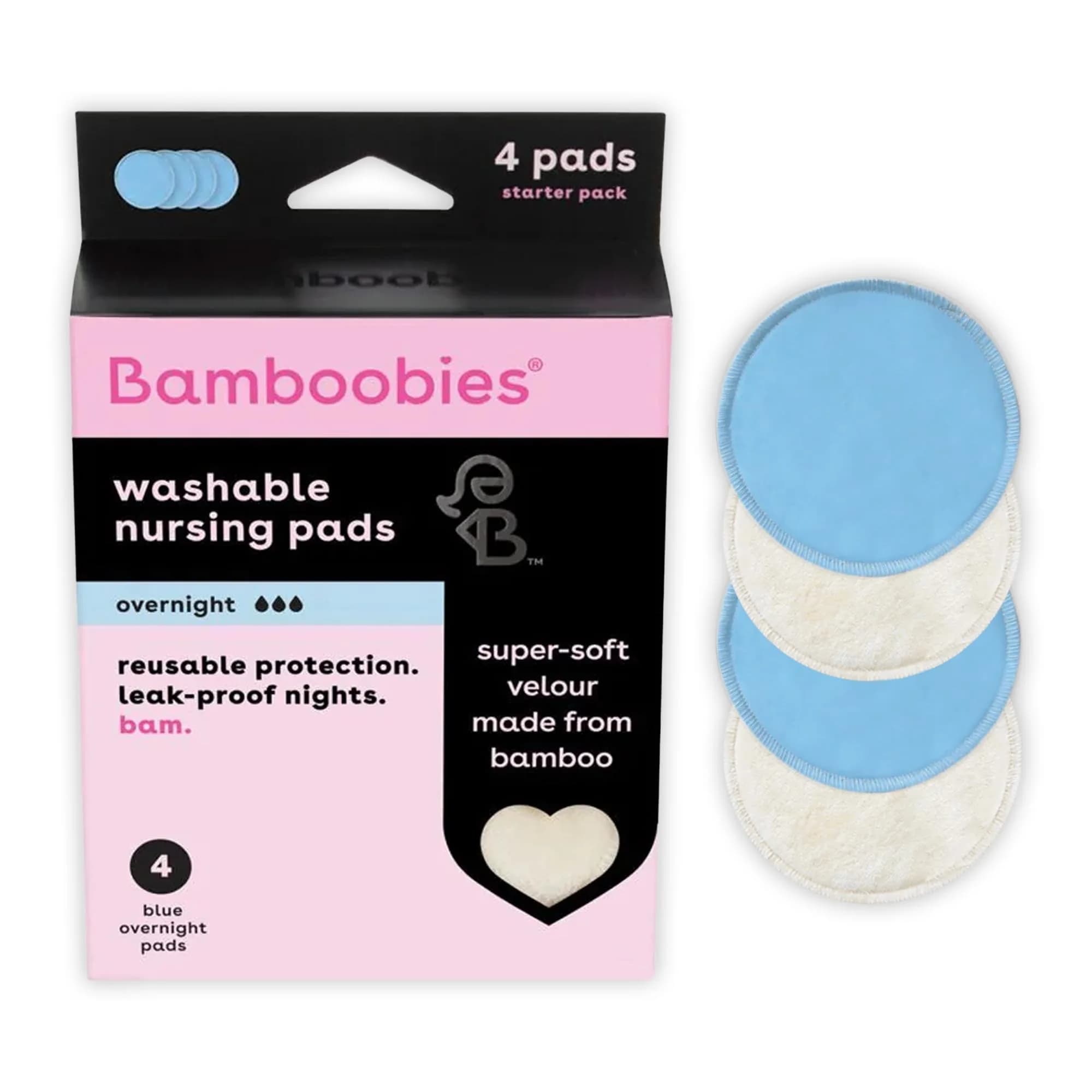 Bamboobies Overnight Nursing Pads - Ultra-Soft Velour, Reusable & Washable, Leak-Proof for Heavy Leaks (4 Pads, Blue) - main product image