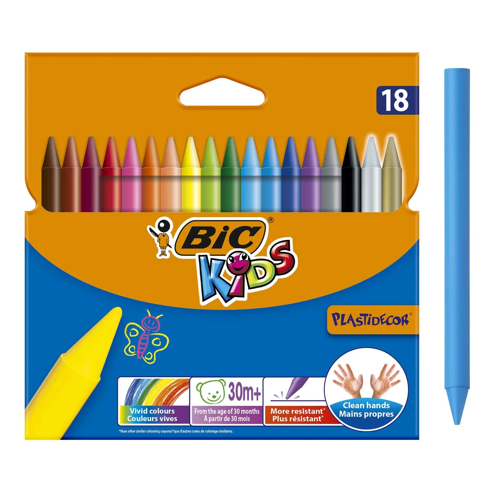 BIC Kids Plastidecor Colouring Crayons - Assorted Colours | No-Mess, Durable, 18 Crayons for Kids