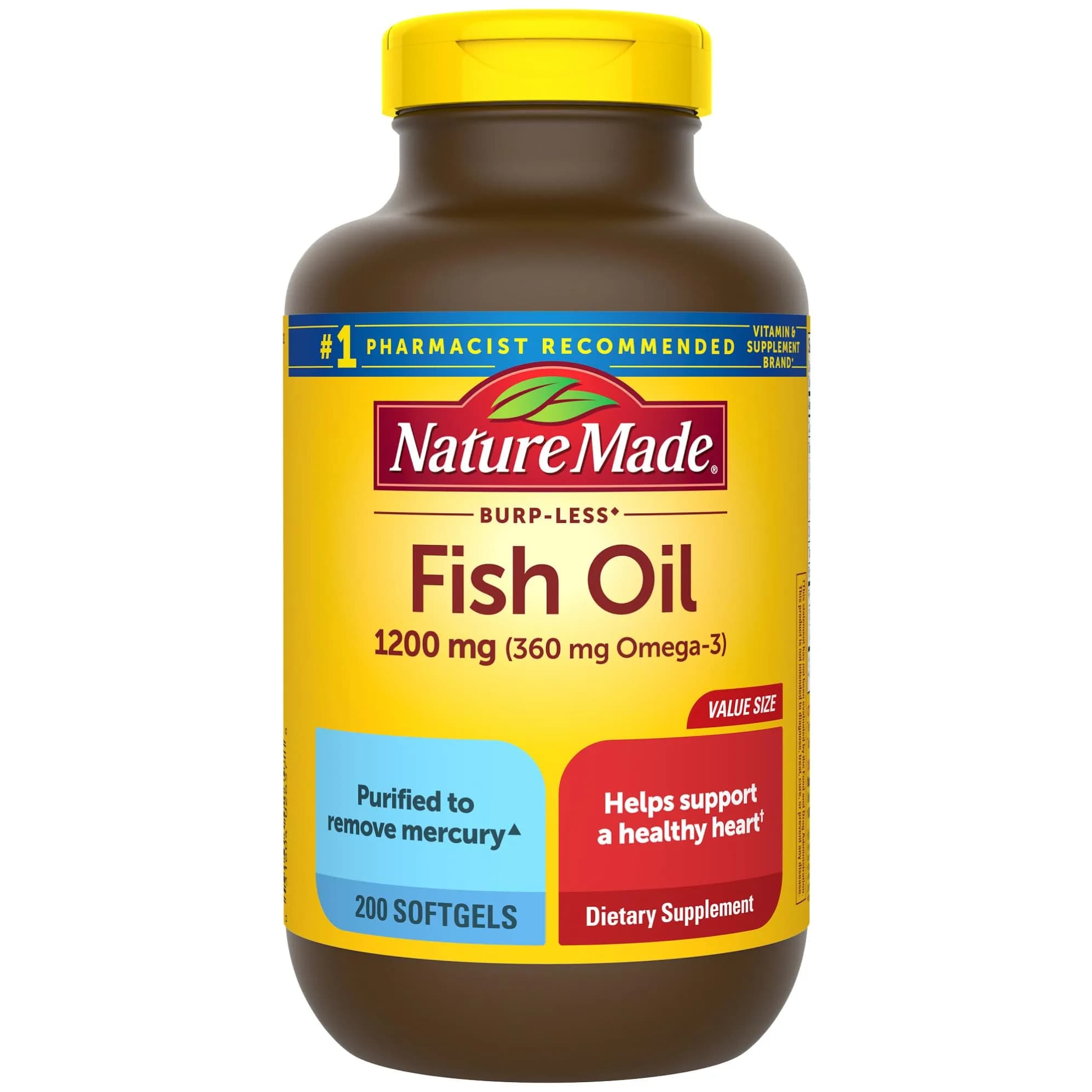 Nature Made Burp Less Fish Oil Omega 3 Supplements 1200 mg Softgels (200 Count) | Heart Health Support - main product image