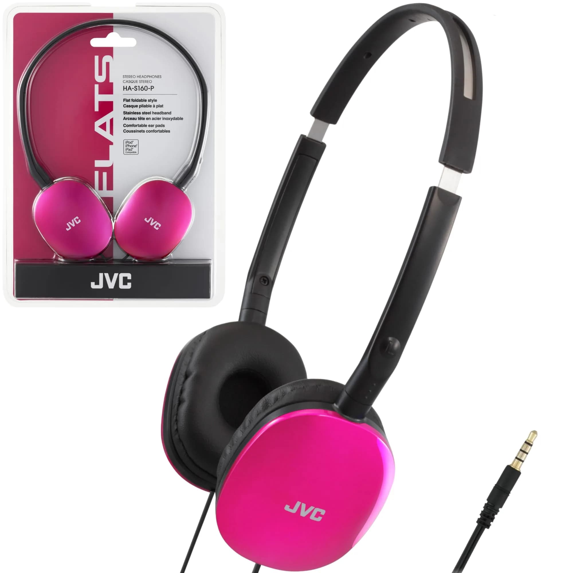JVC Flats On-Ear Wired Headphones Pink | 30mm Driver, Foldable Design, 3.5mm Plug - main product image