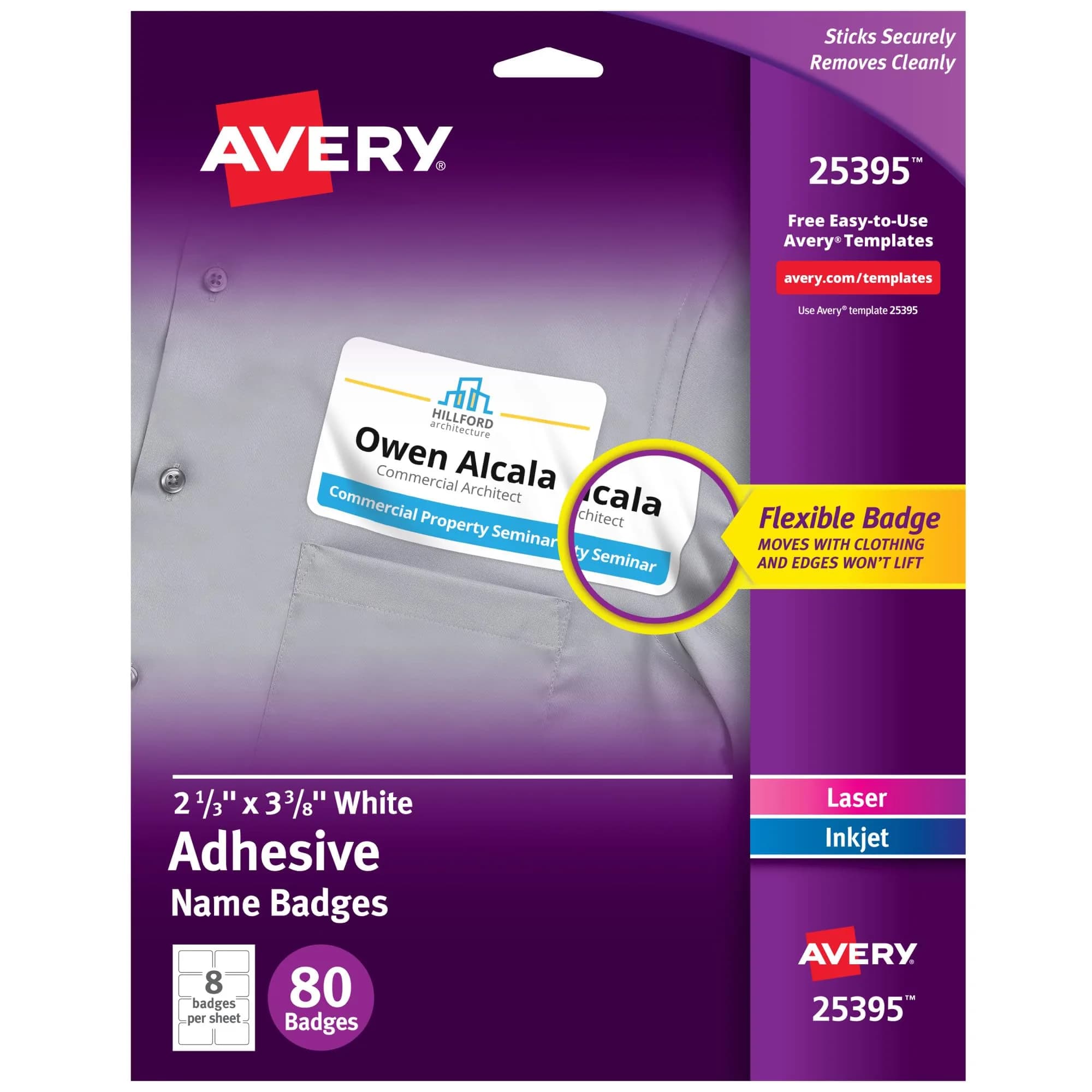 Avery Flexible Printable Name Tag Stickers 2-1/3" x 3-3/8" Matte White 80 Labels | Removable Adhesive for Events & Organization - main product image