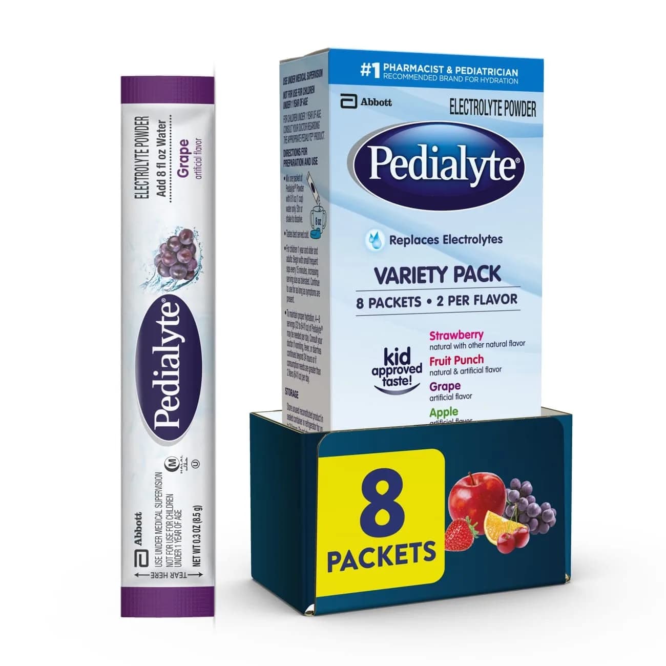 Pedialyte Electrolyte Powder Packets Variety Pack 8 Single-Serving Packets (0.3 oz / 9g) | Hydration Drink for Adults & Kids - main product image