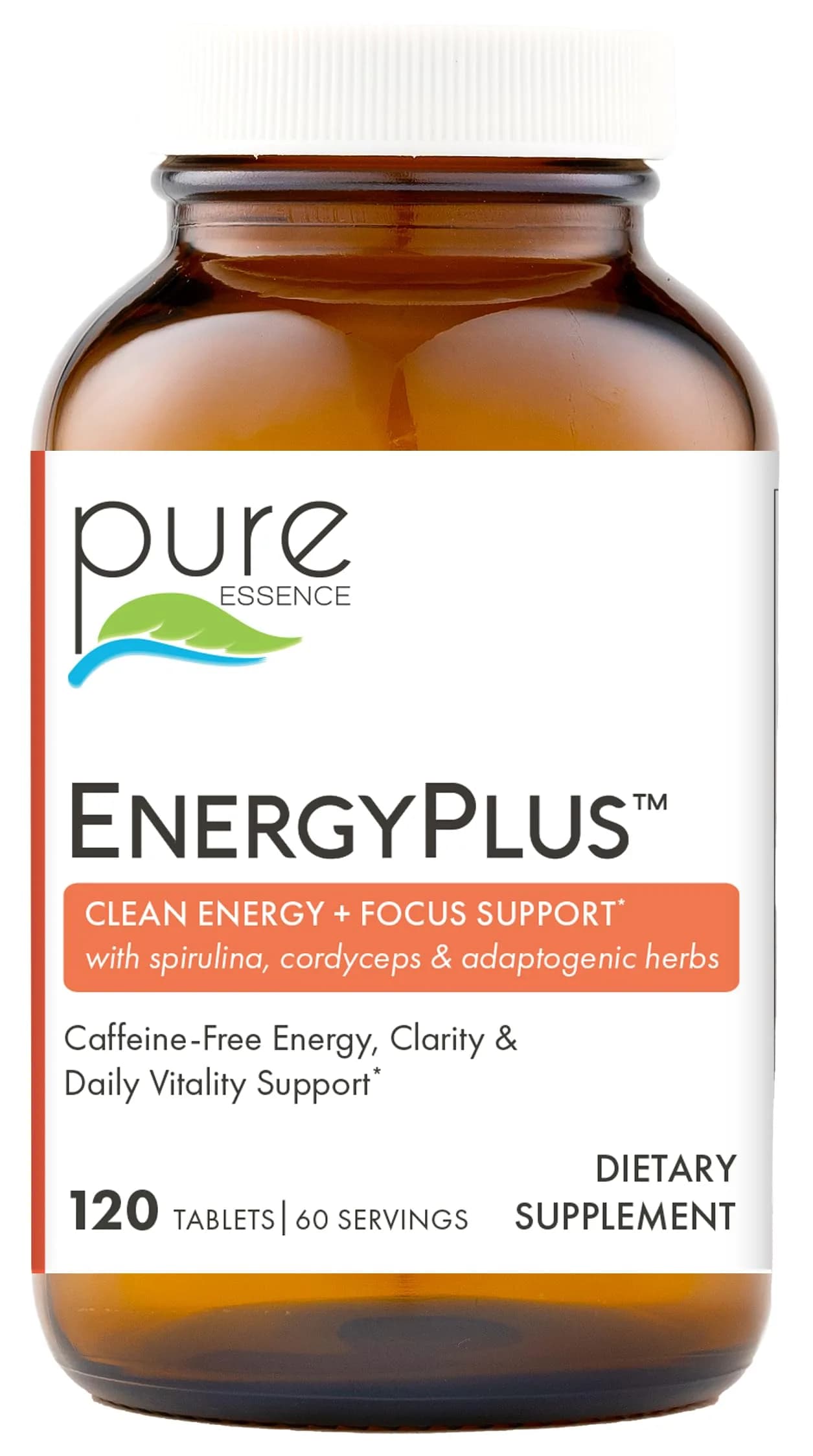 PURE ESSENCE LABS Energy Plus 120 Tablets | Caffeine-Free Herbal Energy & Focus Supplement