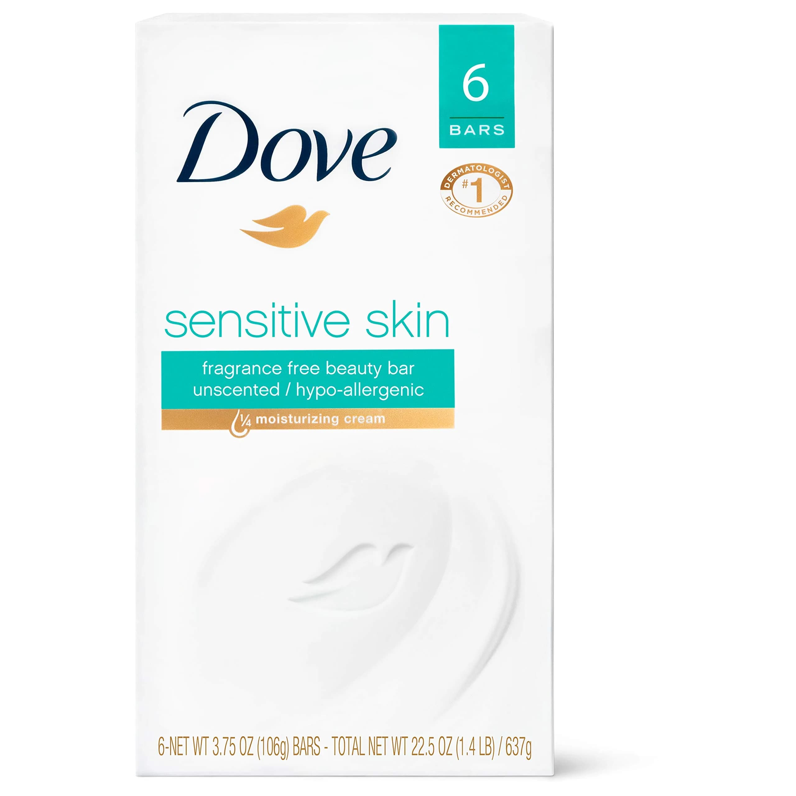 Dove Sensitive Skin Beauty Bar 106g (3.75 Oz) Pack of 6 | Hypoallergenic & Fragrance-Free Cleanser - main product image