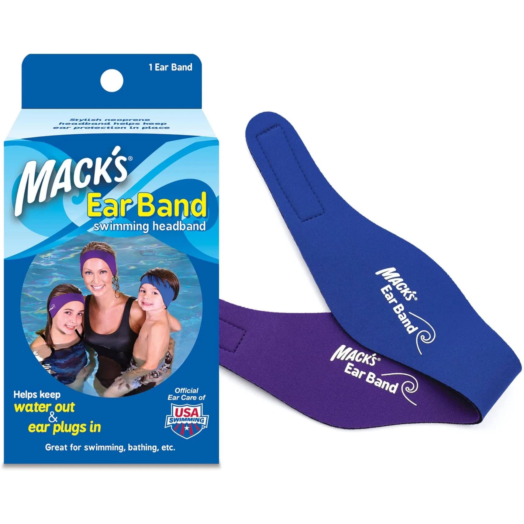 Mack's Swimming Headband – Doctor Recommended Neoprene Ear Band for Water Sports – Adjustable Fit for Kids to Adults – Blue/Purple - main product image