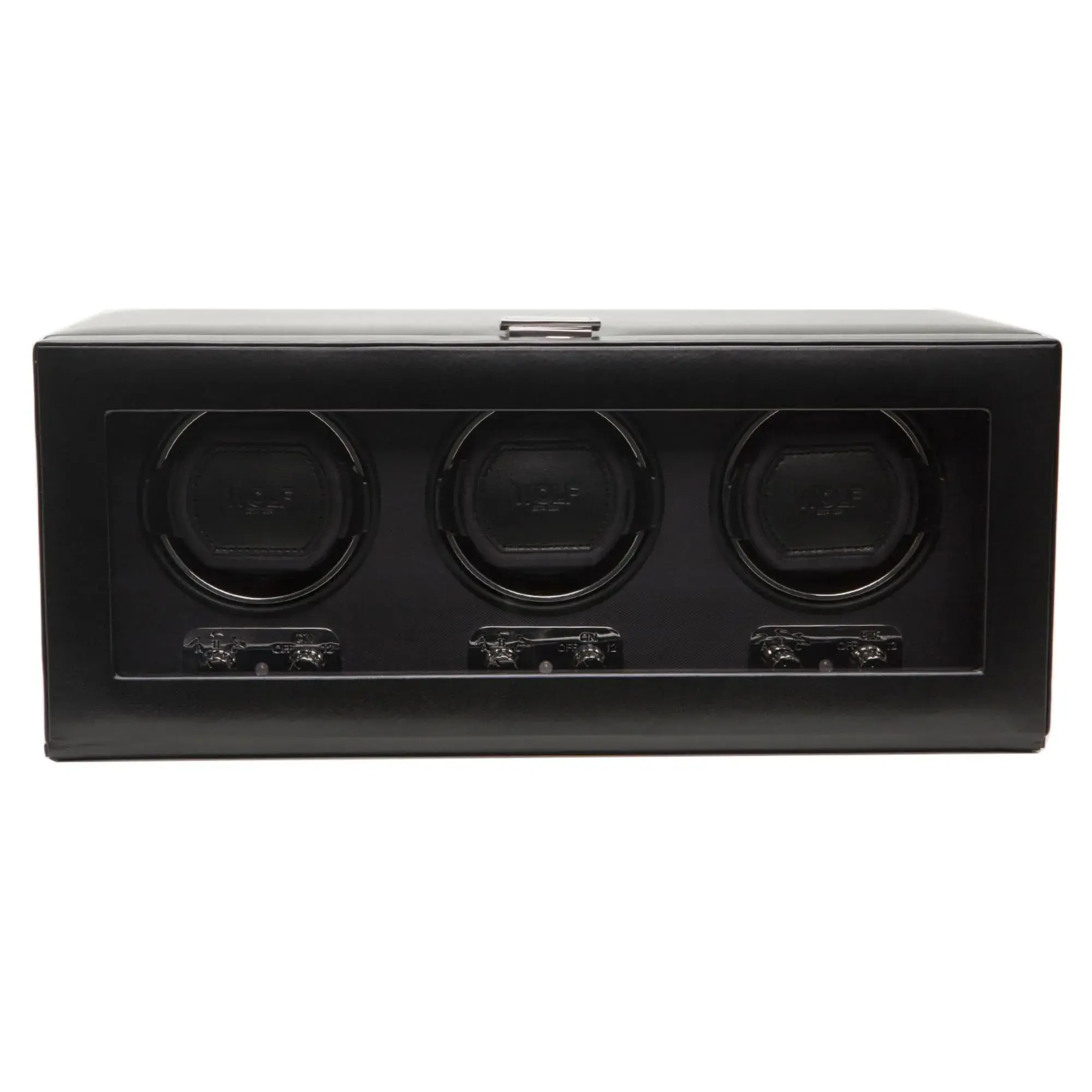 Wolf Designs Triple Watch Winder with Glass Cover | Secure Fit for Heavy Watches, Vegan Leather, Includes Universal Adapter — 3 Piece
