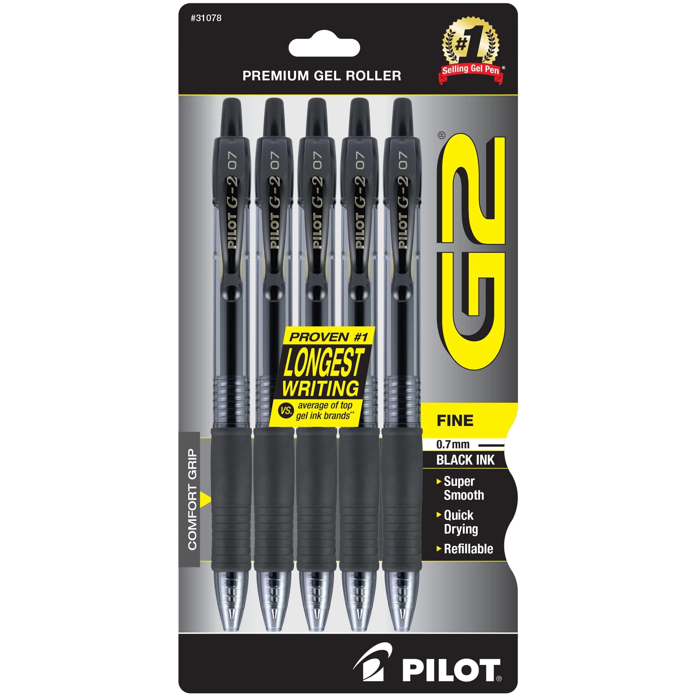 PILOT G2 Retractable Gel Pens, Fine Point 0.7mm, Black Ink, 5-Pack | Longest-Lasting Gel Ink Pens - main product image