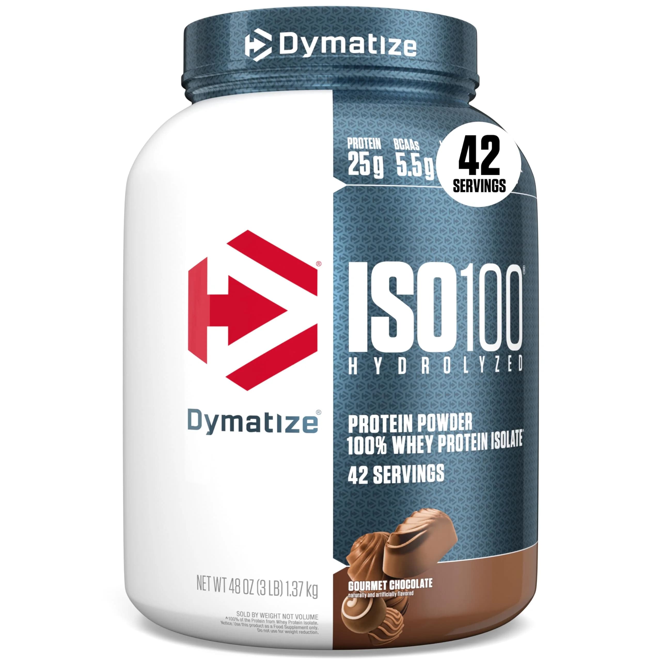 Dymatize ISO100 Hydrolyzed Whey Protein Isolate Powder, Gourmet Chocolate, 1.36kg (3 lb) (42 Servings) | High Protein, Gluten Free - main product image
